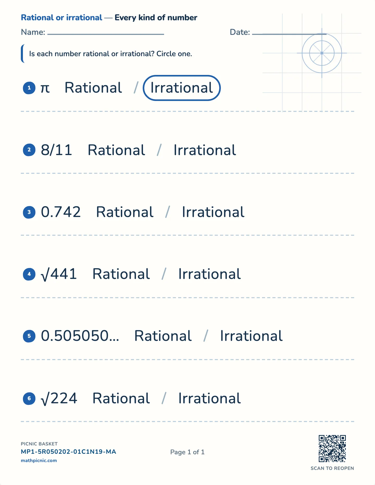 Rational or irrational worksheet — Roots, fractions, decimals, π, free printable with answer key