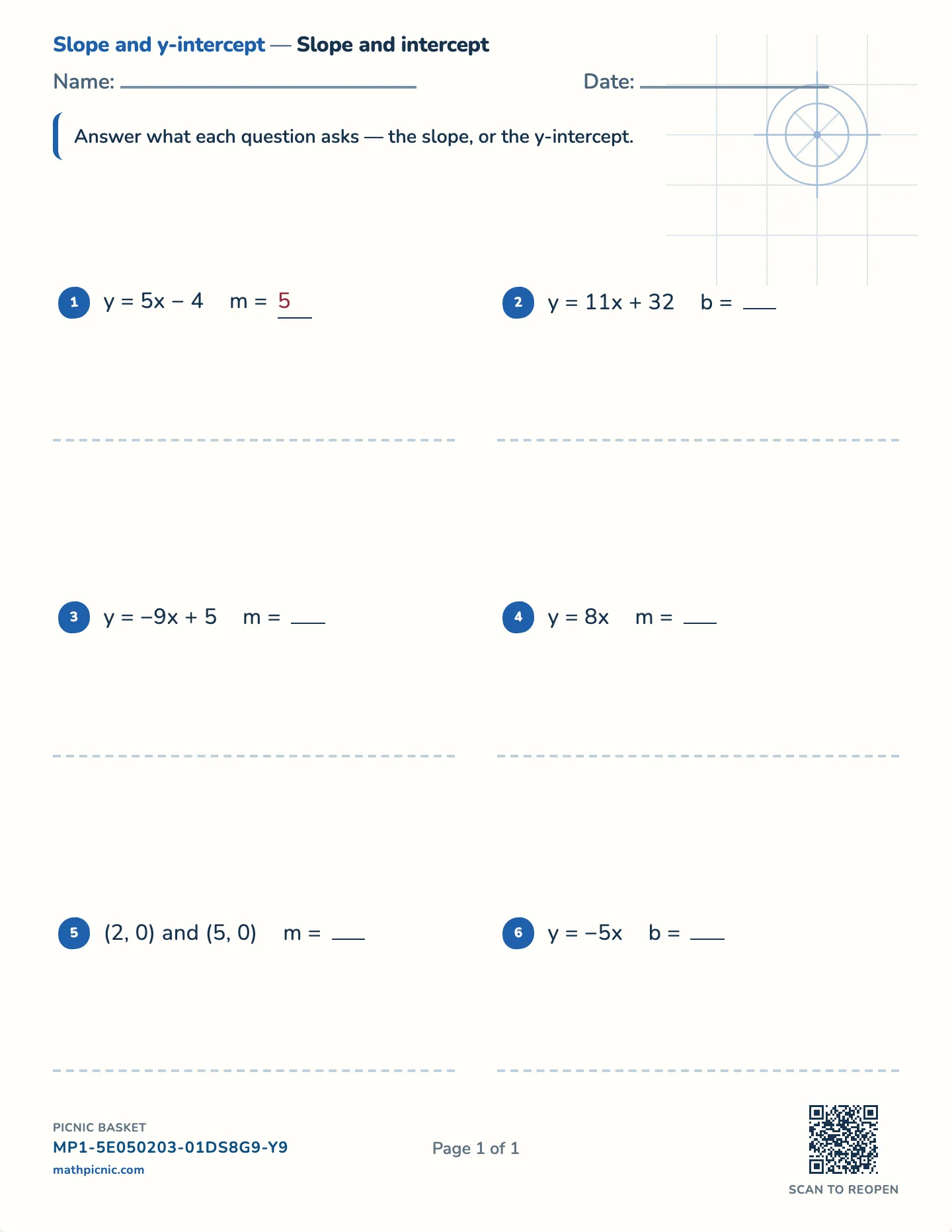 Slope and y-intercept worksheet — Whole-number slopes, free printable with answer key