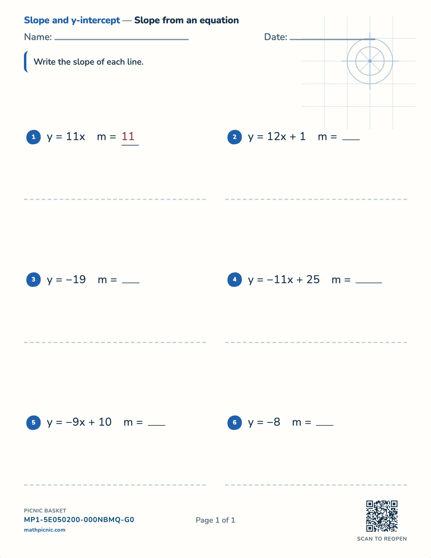 Slope from an equation worksheet — Whole-number slopes, free printable with answer key