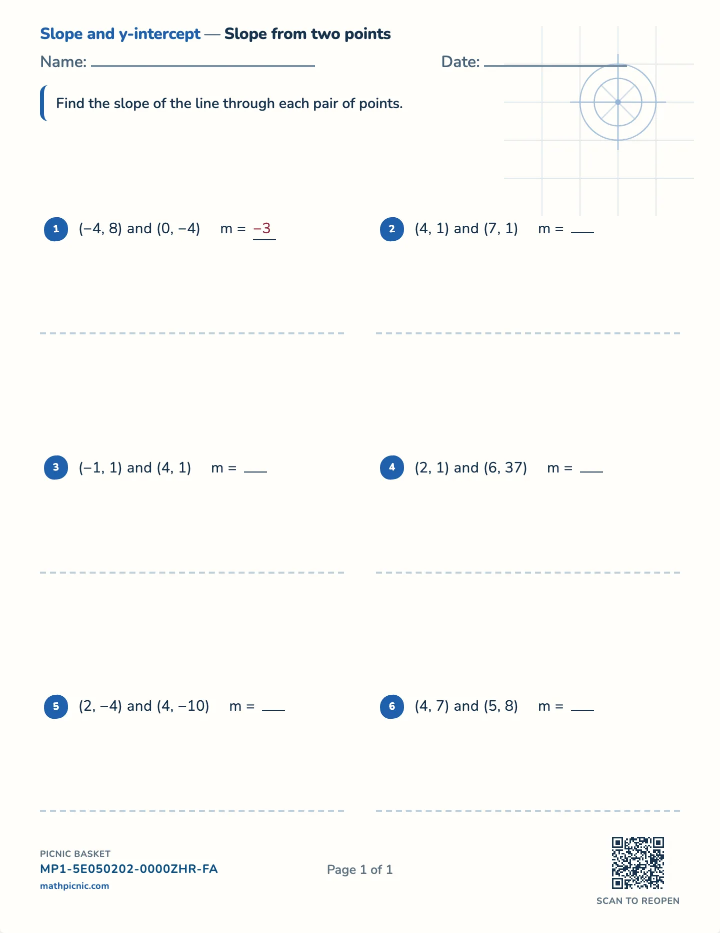 Slope from two points worksheet — Whole-number slopes, free printable with answer key