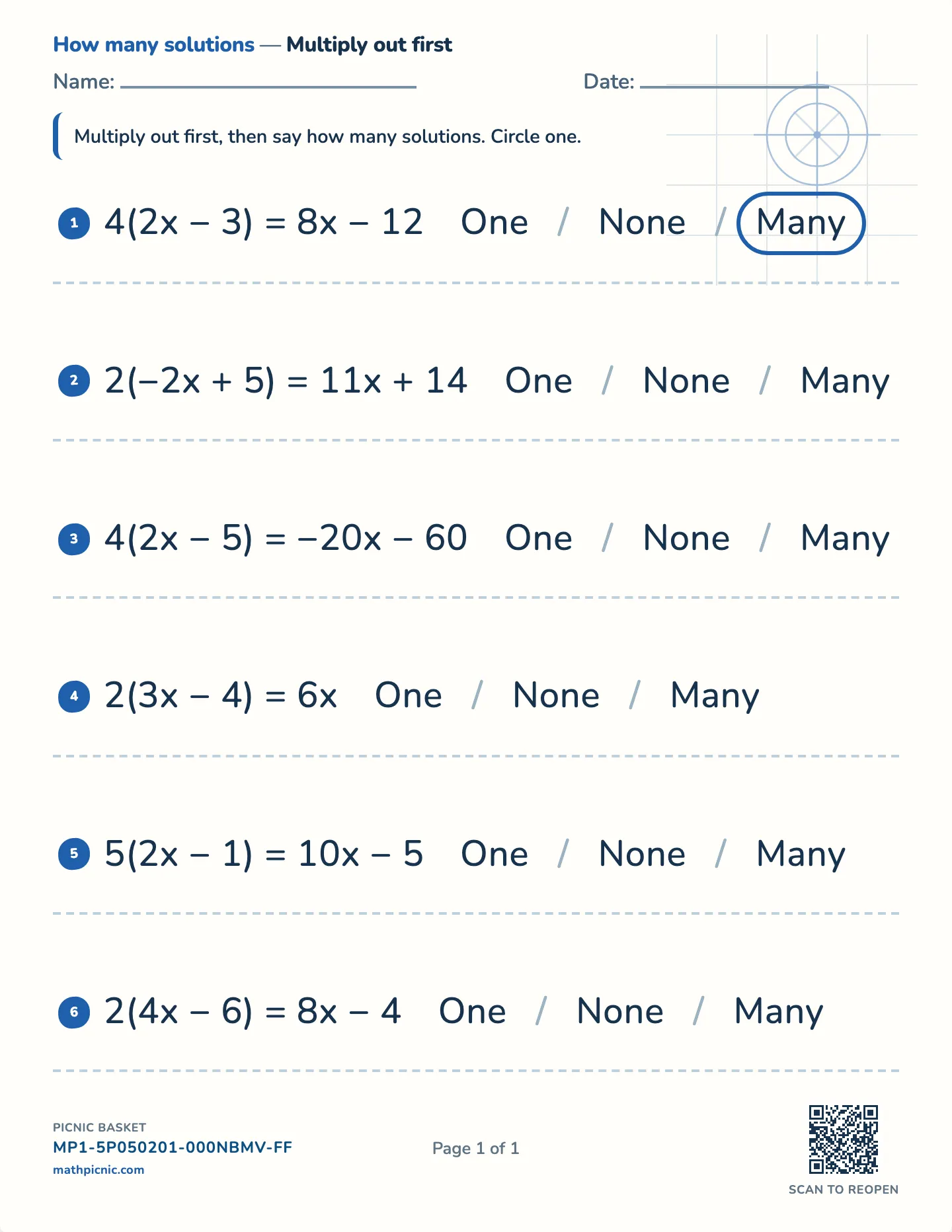 Solutions after expanding worksheet — One, none, or infinitely many, free printable with answer key