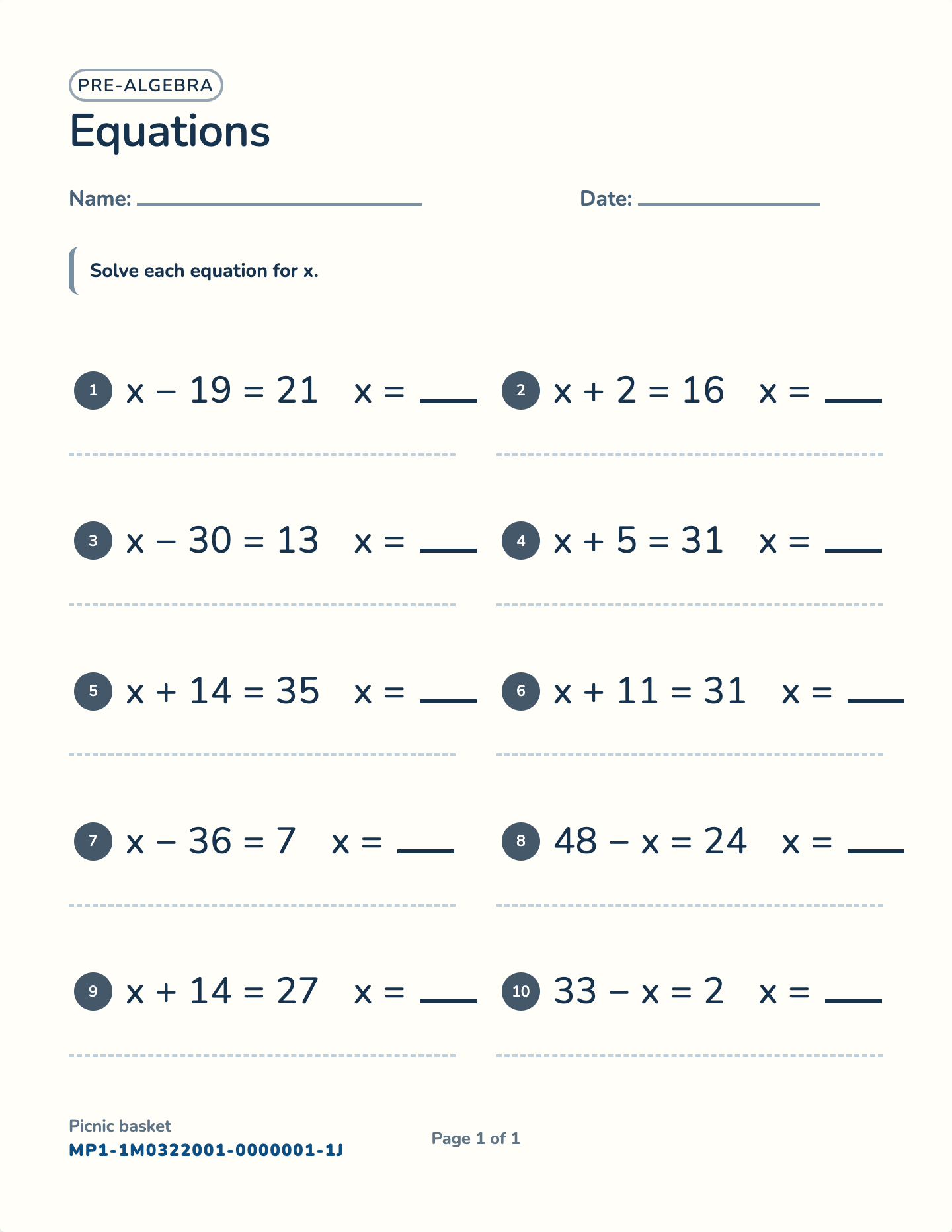 Solving equations worksheet — One- and two-step, free printable with answer key