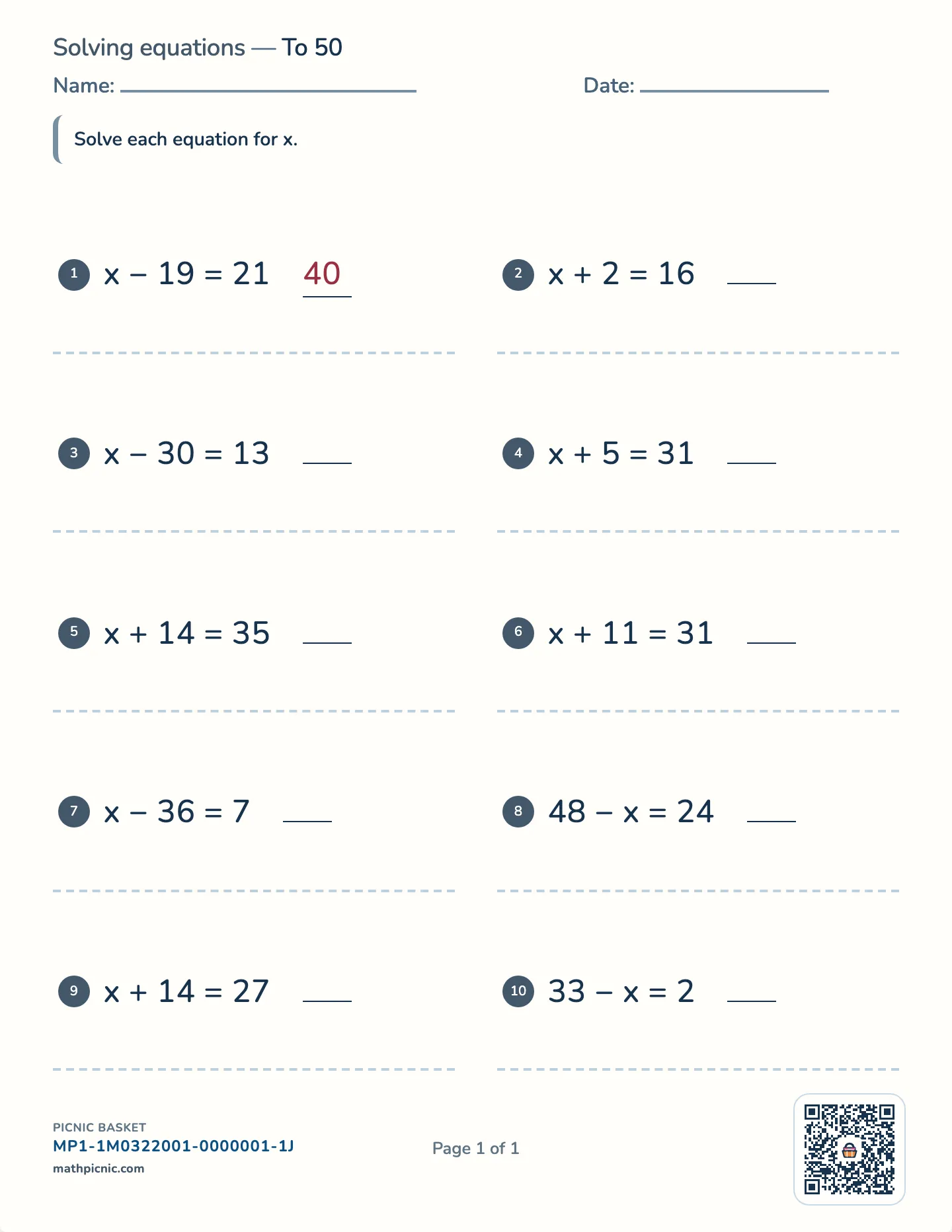 Solving equations worksheet — One- and two-step, free printable with answer key