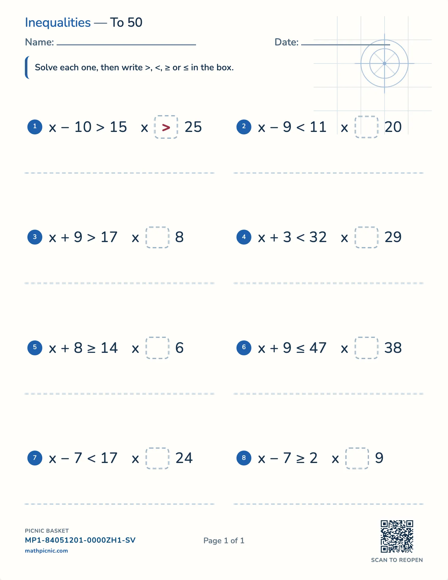 Solving inequalities worksheet — One step, sign included, free printable with answer key