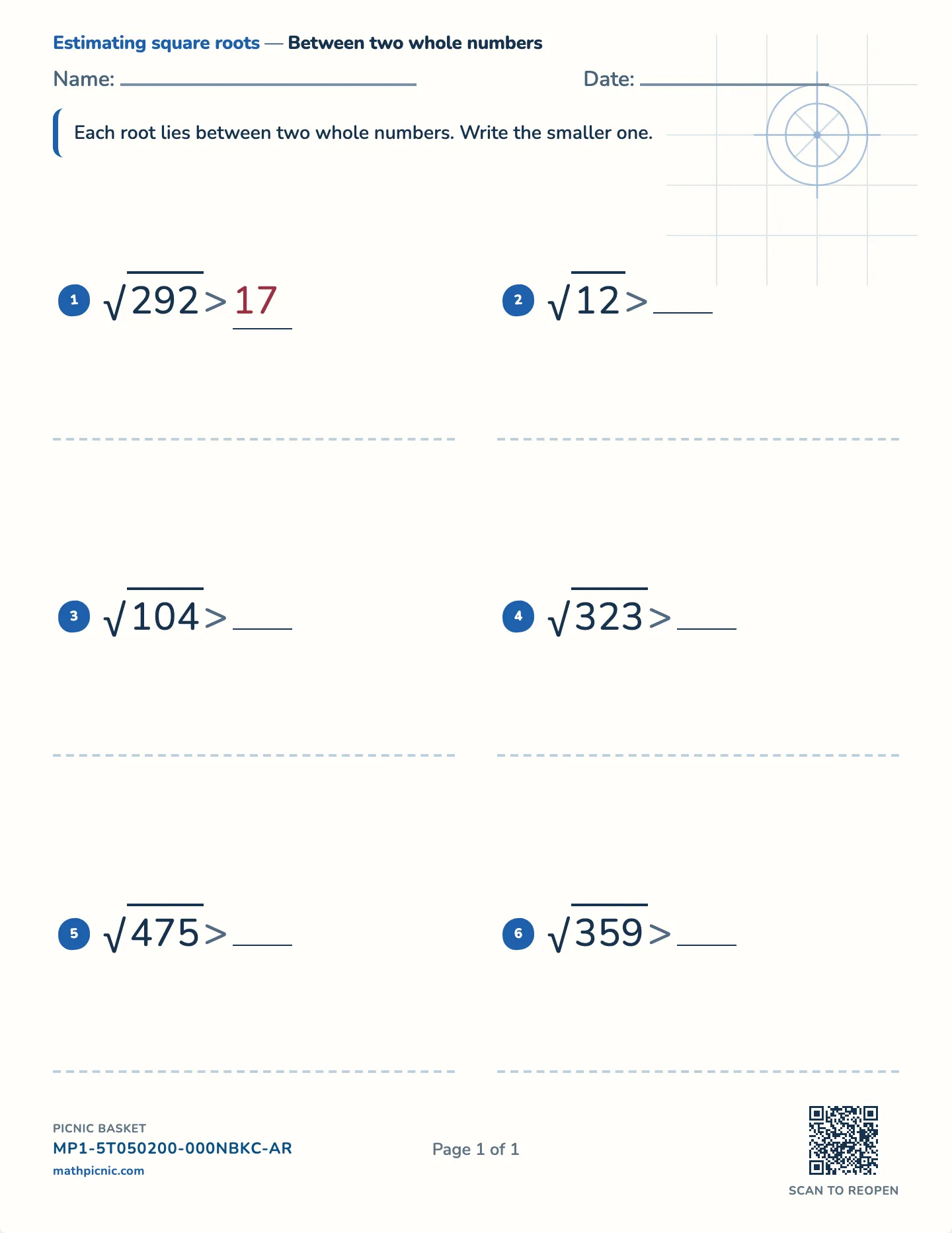 Square roots between integers worksheet — Roots to √200, free printable with answer key