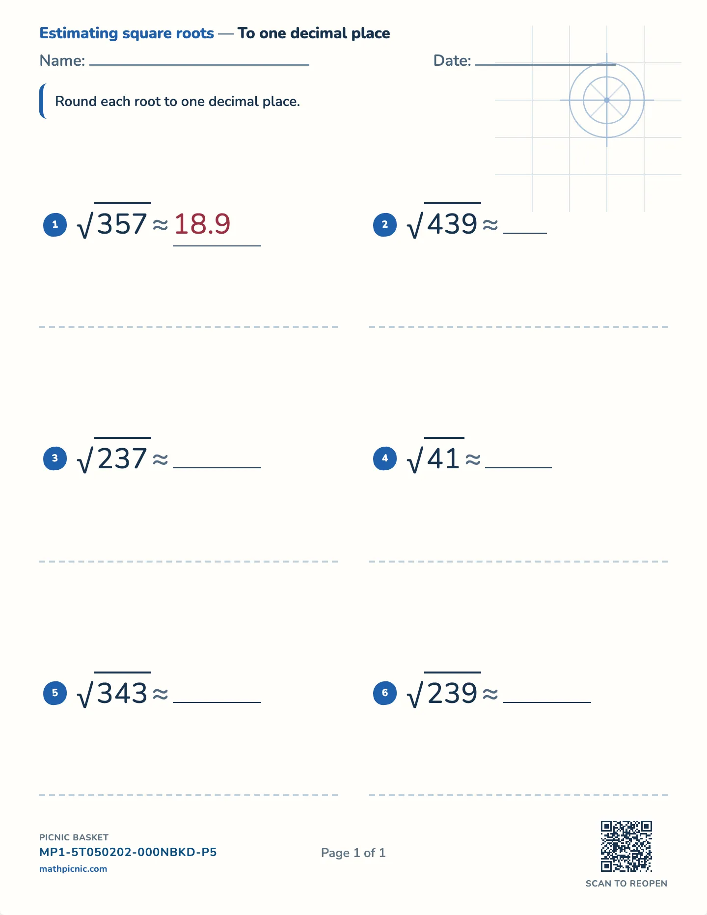 Square roots to one decimal place worksheet — Roots to √200, free printable with answer key