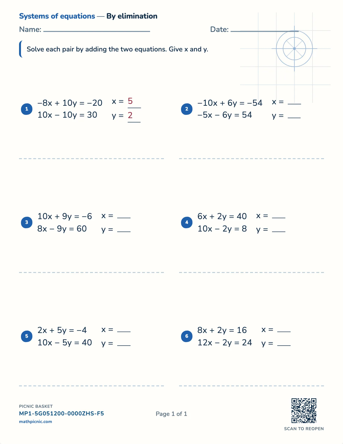 Systems by elimination worksheet — Whole-number pairs, free printable with answer key