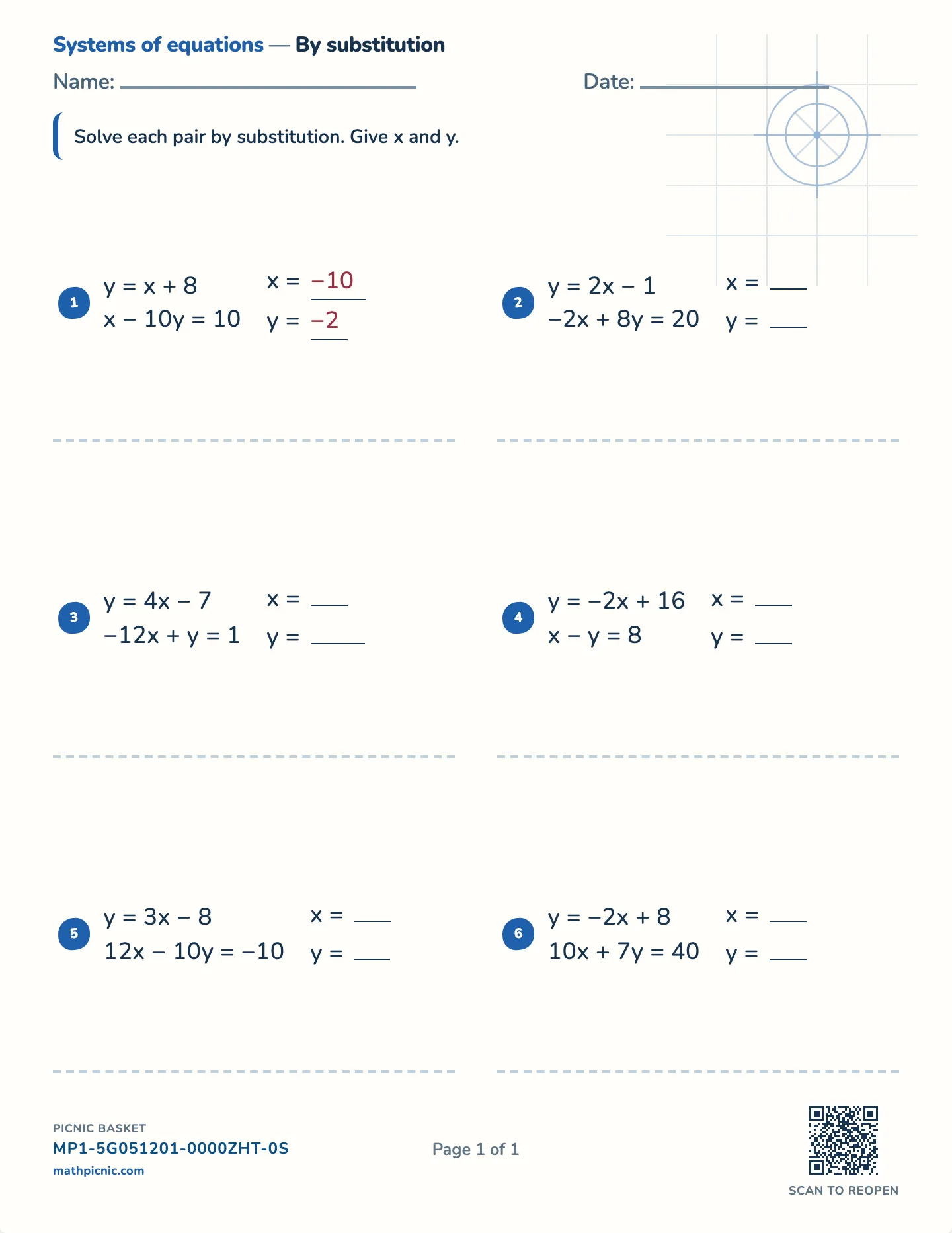 Systems by substitution worksheet — Whole-number pairs, free printable with answer key