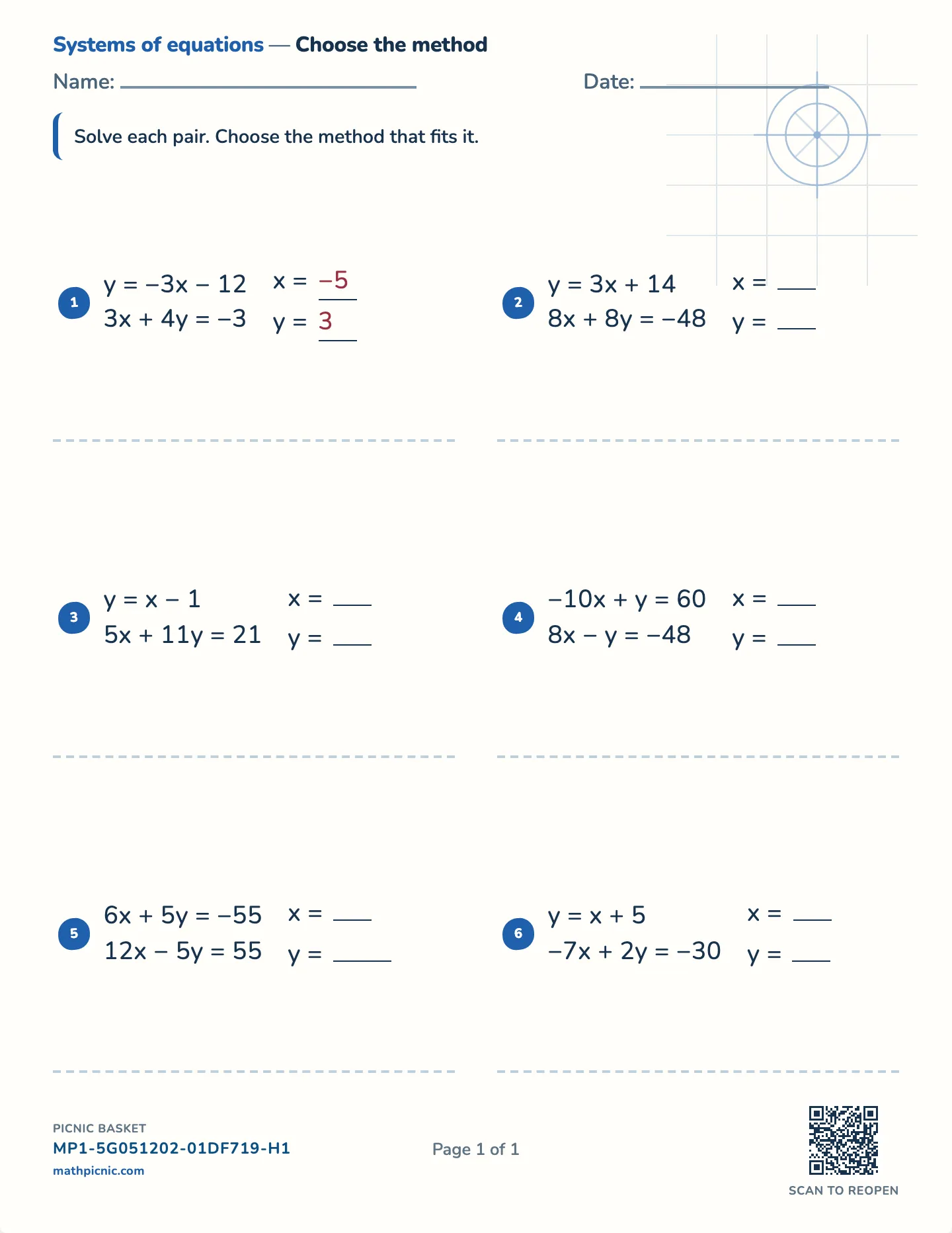 Systems of equations worksheet — Whole-number pairs, free printable with answer key