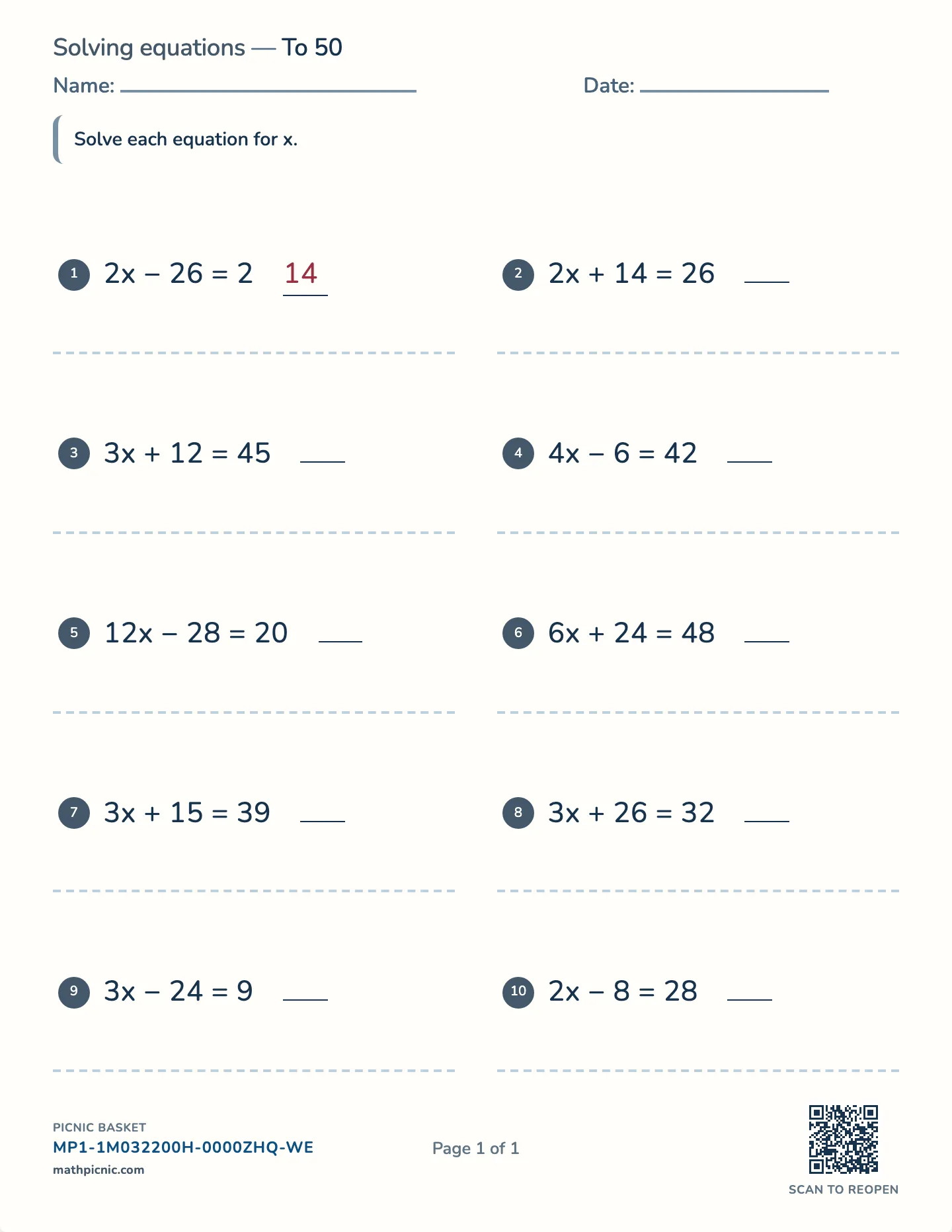 Two-step equations worksheet — Whole-number solutions, free printable with answer key
