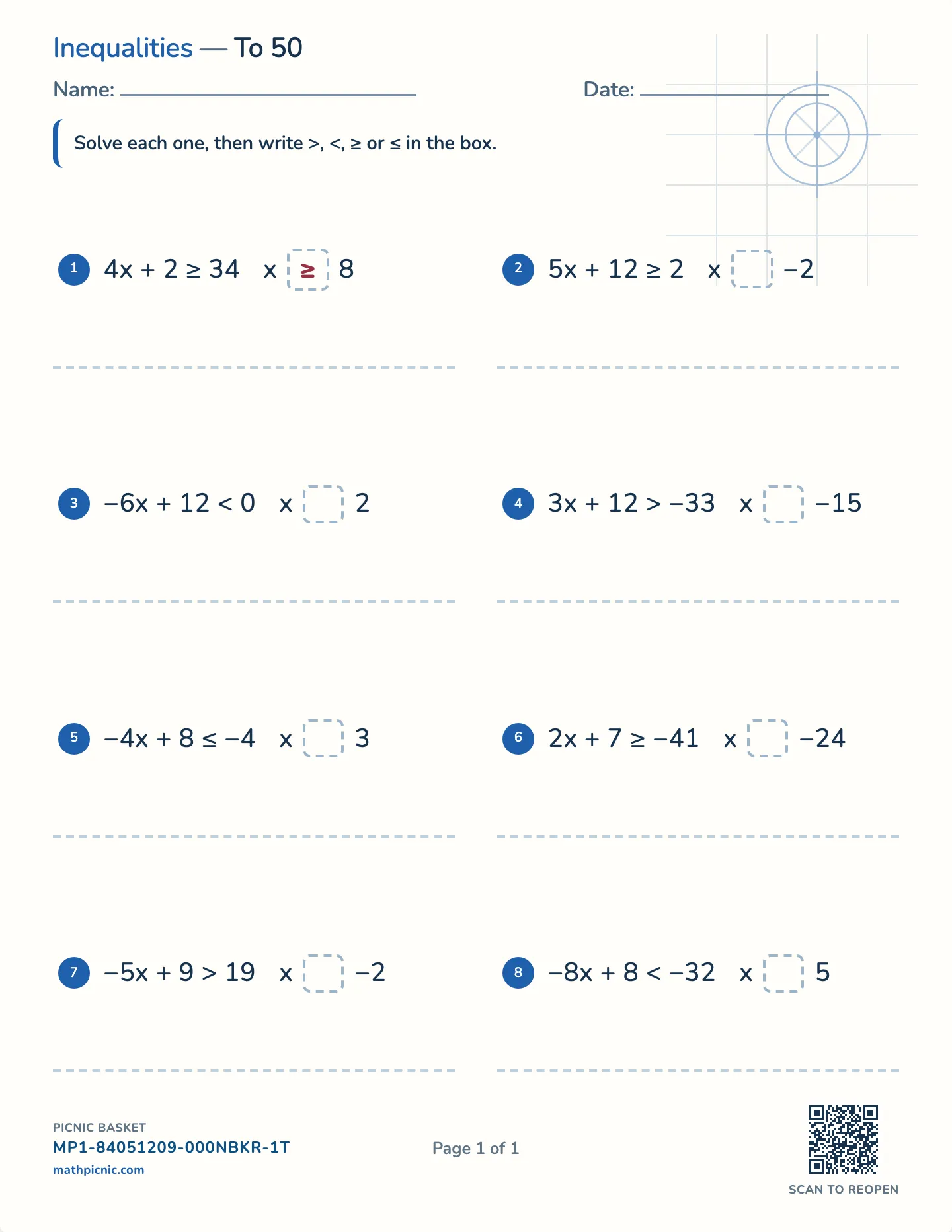 Two-step inequalities worksheet — Two steps, sign included, free printable with answer key