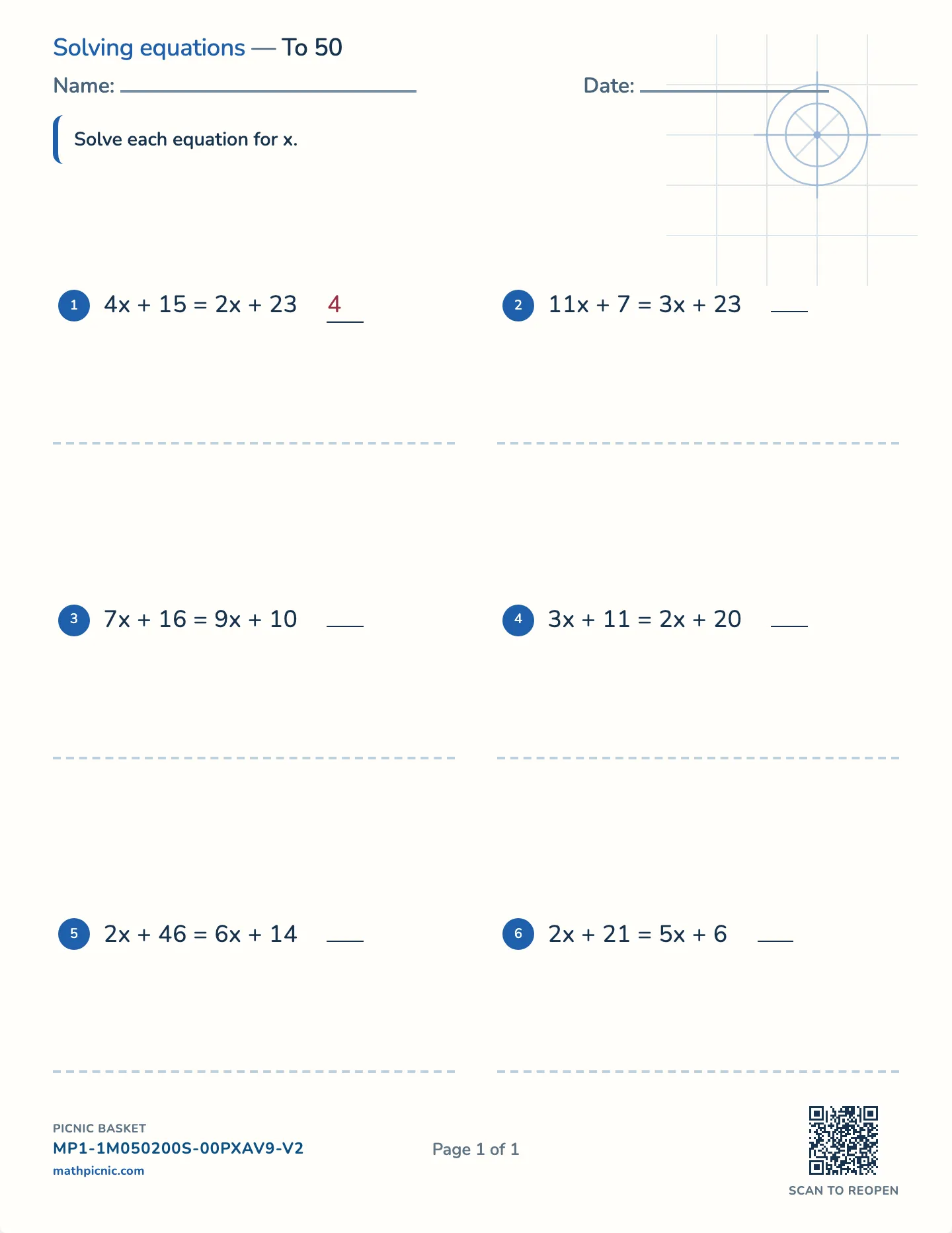 Variables on both sides worksheet — Whole-number solutions, free printable with answer key