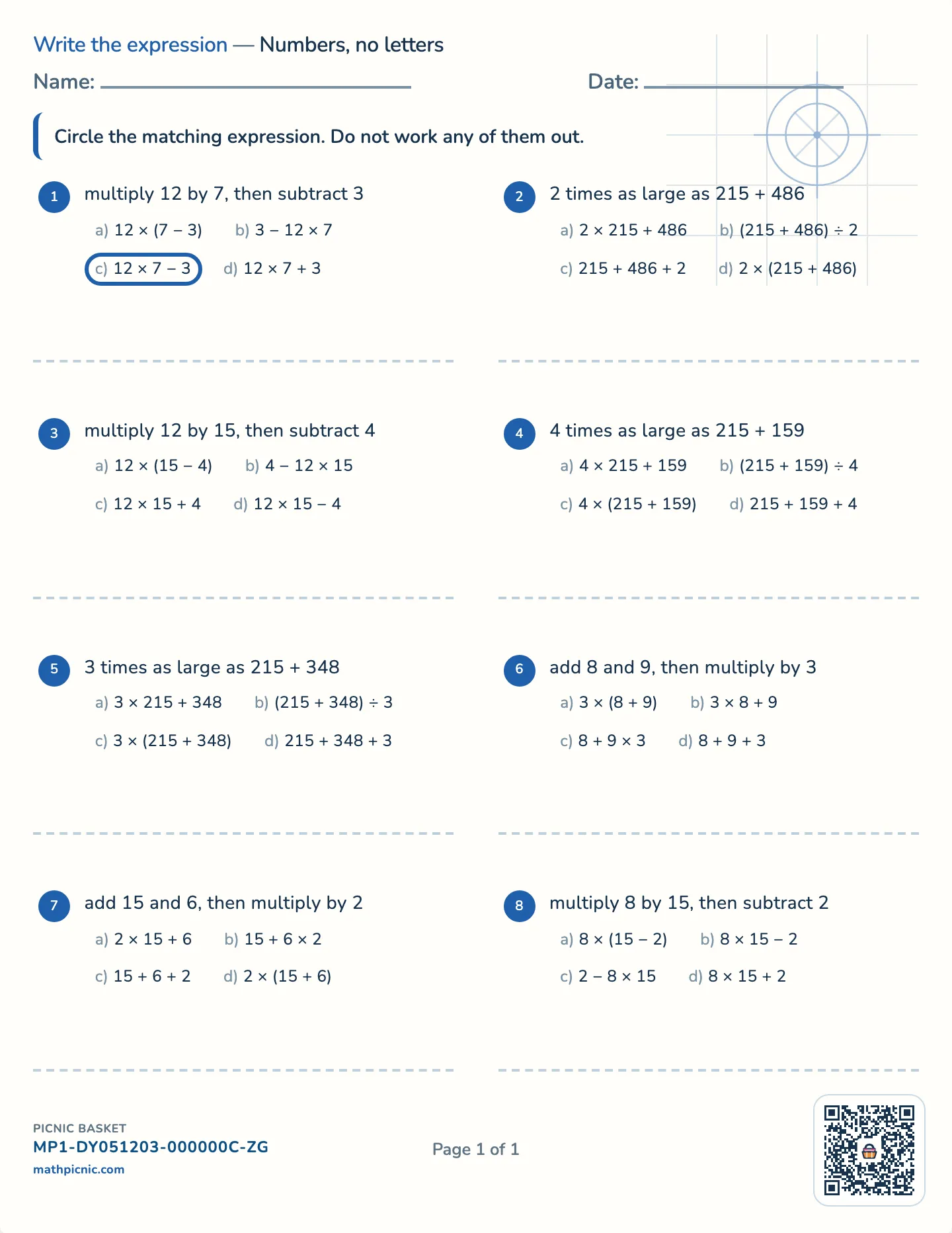 Writing numerical expressions worksheet — Two operations, no letters, free printable with answer key