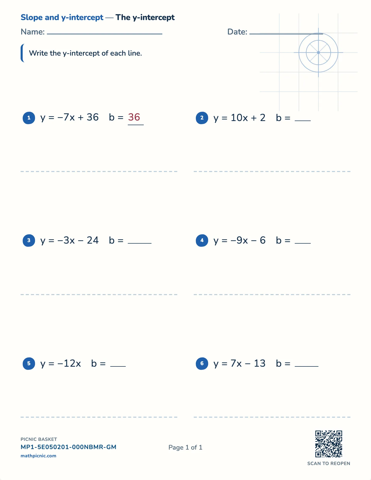 Y-intercept from an equation worksheet — Whole-number intercepts, free printable with answer key