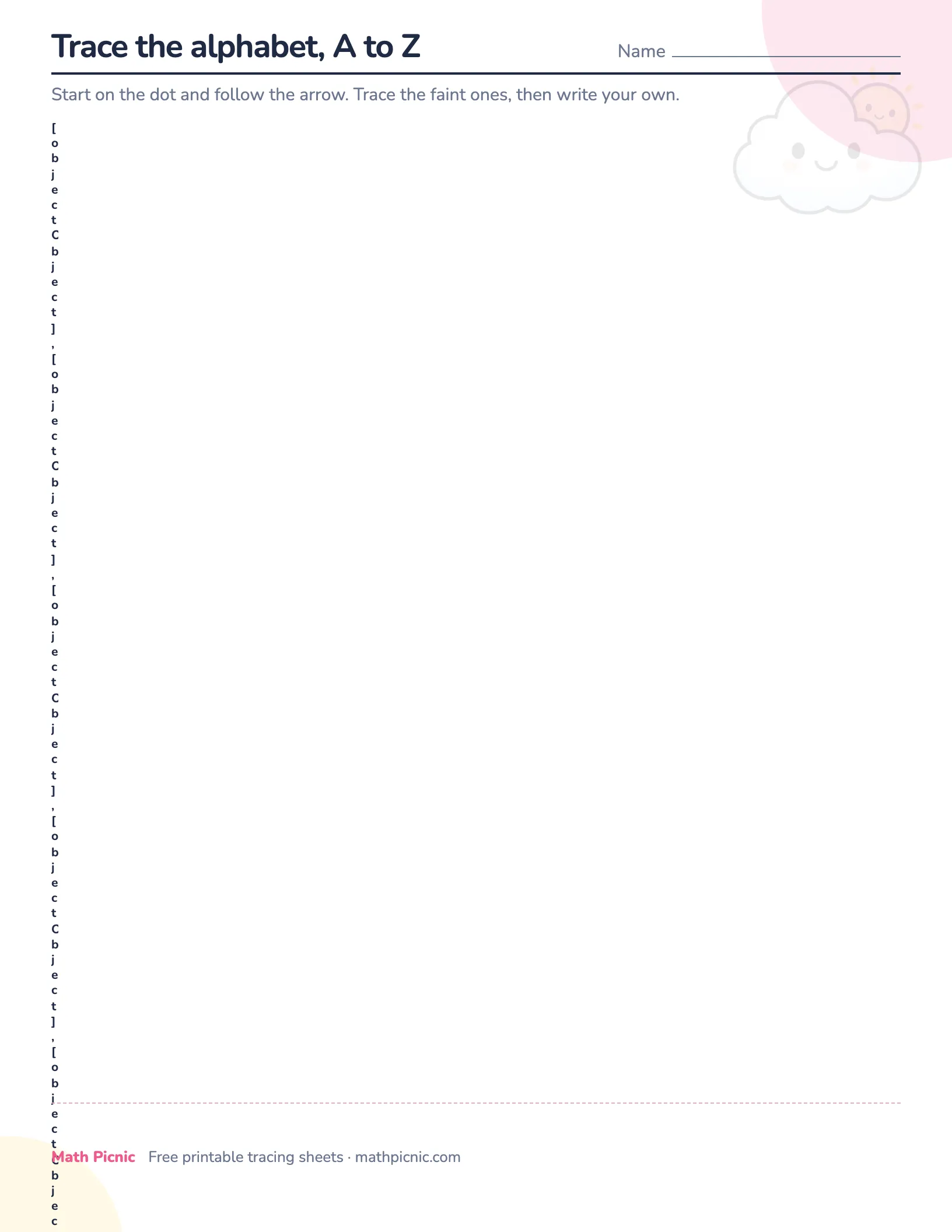 The whole alphabet on one page — free printable tracing sheet