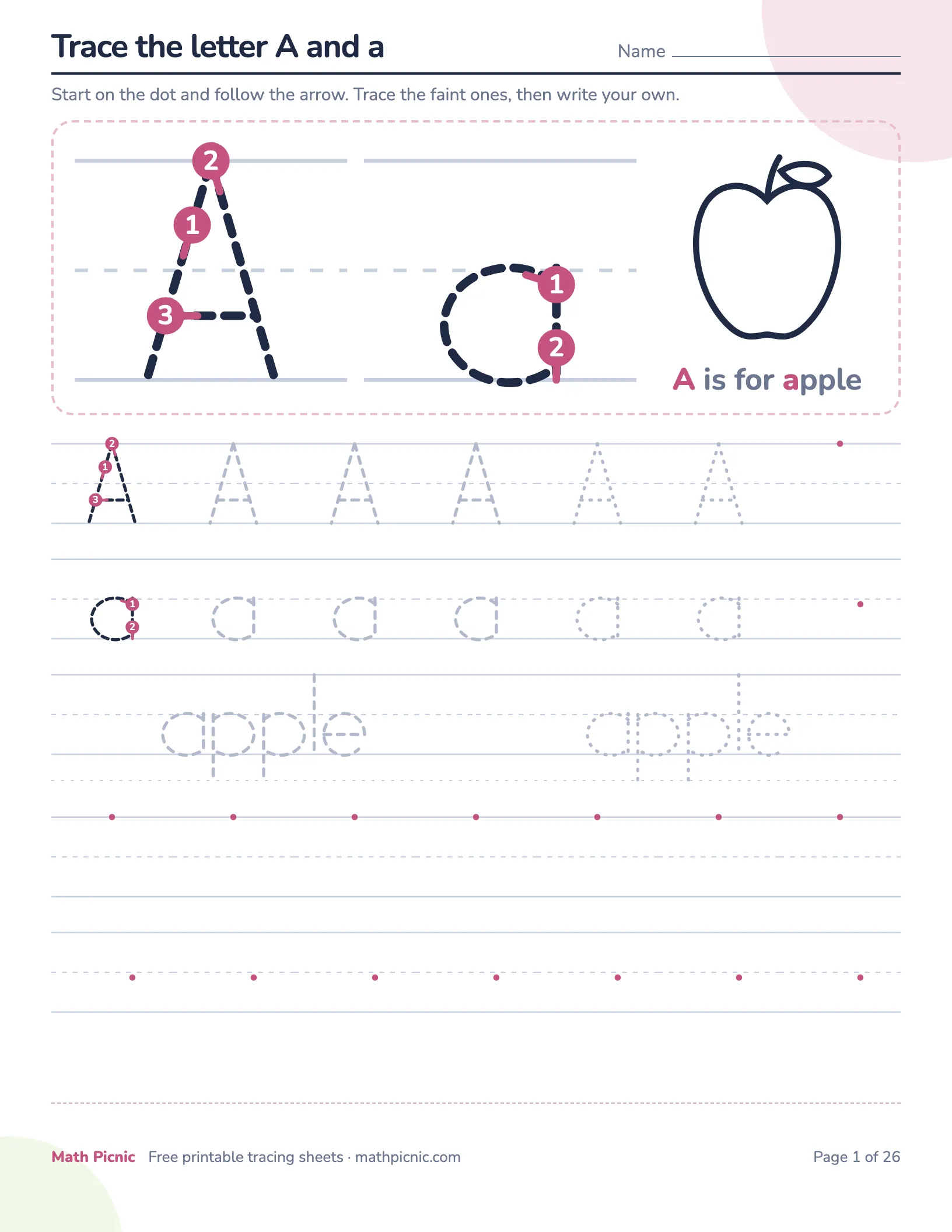 Alphabet tracing with pictures — free printable tracing sheet