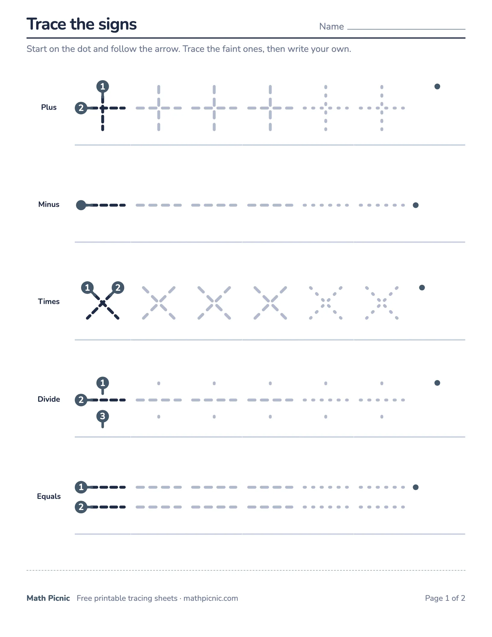 Math signs tracing — free printable tracing sheet