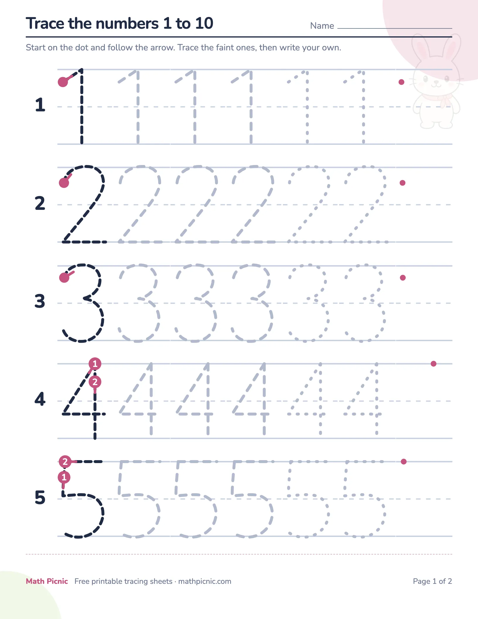 A number tracing sheet: each numeral is a single open stroke with a ringed start point and the stroke order numbered.