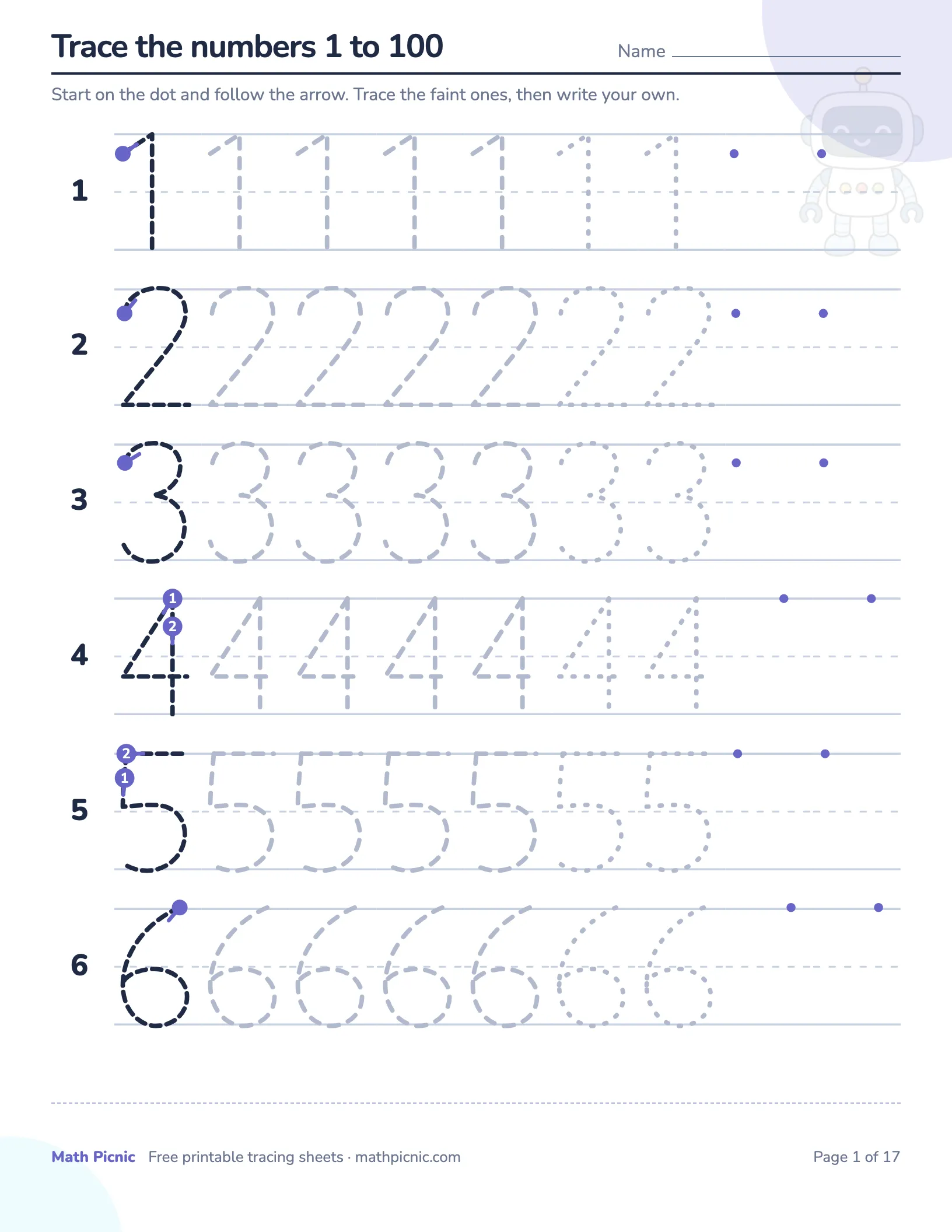 Tracing numbers 1 to 100 — free printable tracing sheet