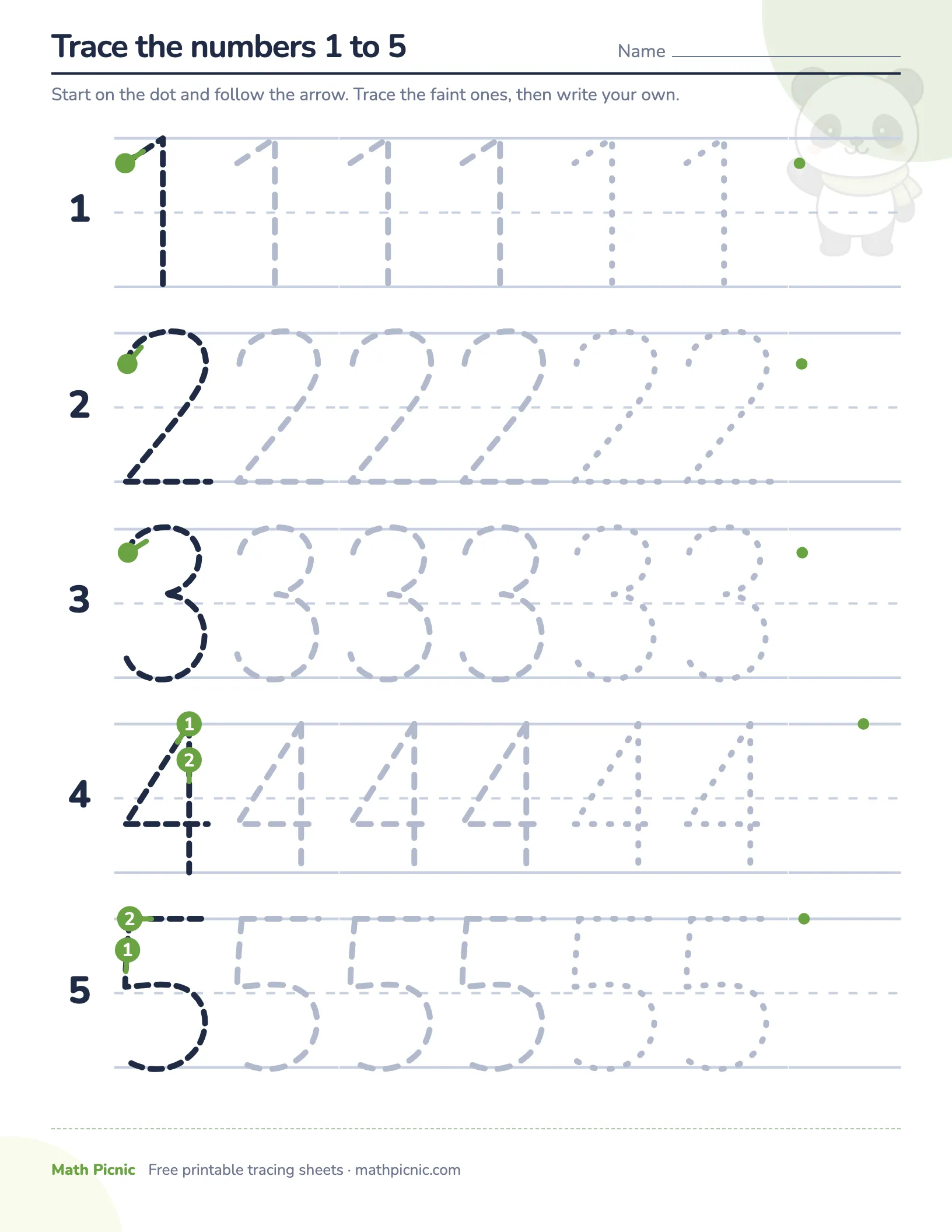 Tracing numbers 1 to 5 — free printable tracing sheet