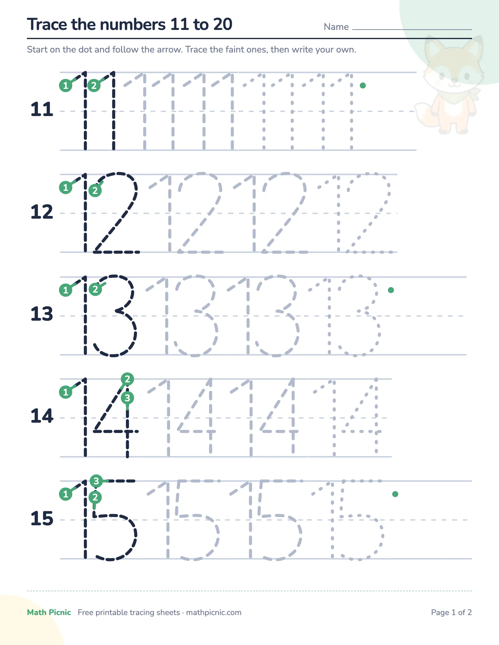 Tracing numbers 11 to 20 — free printable tracing sheet