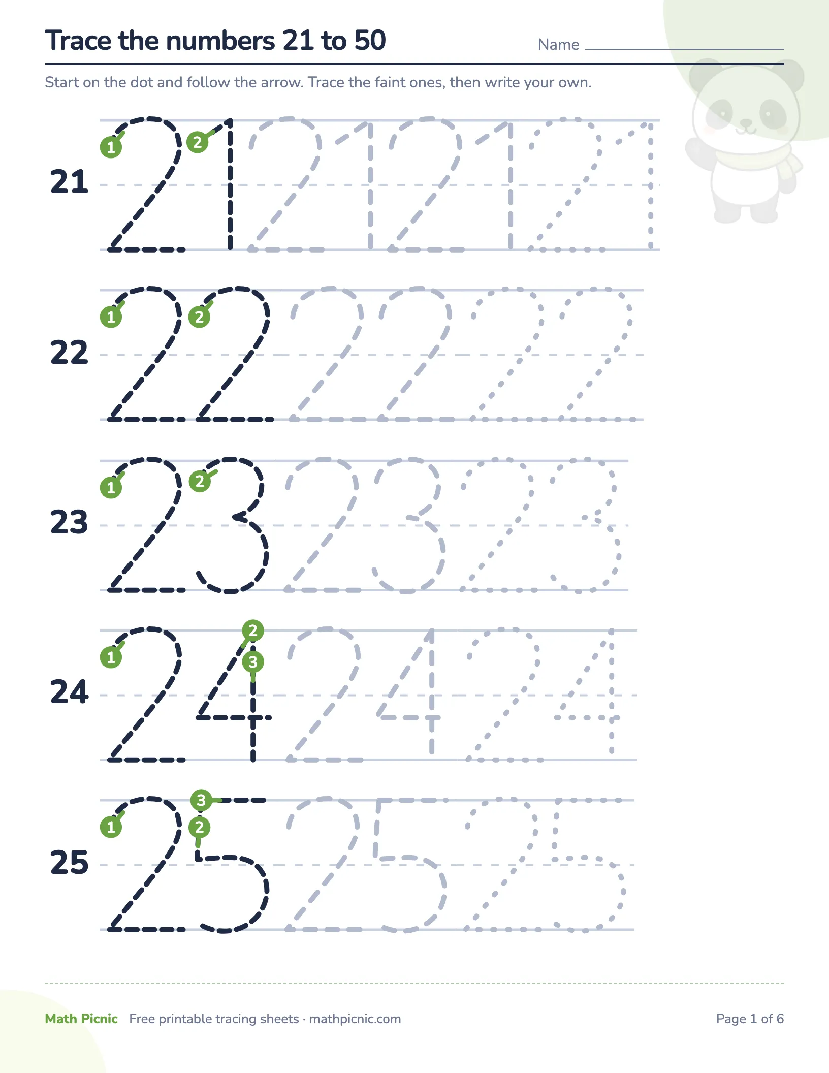 Tracing numbers 21 to 50 — free printable tracing sheet