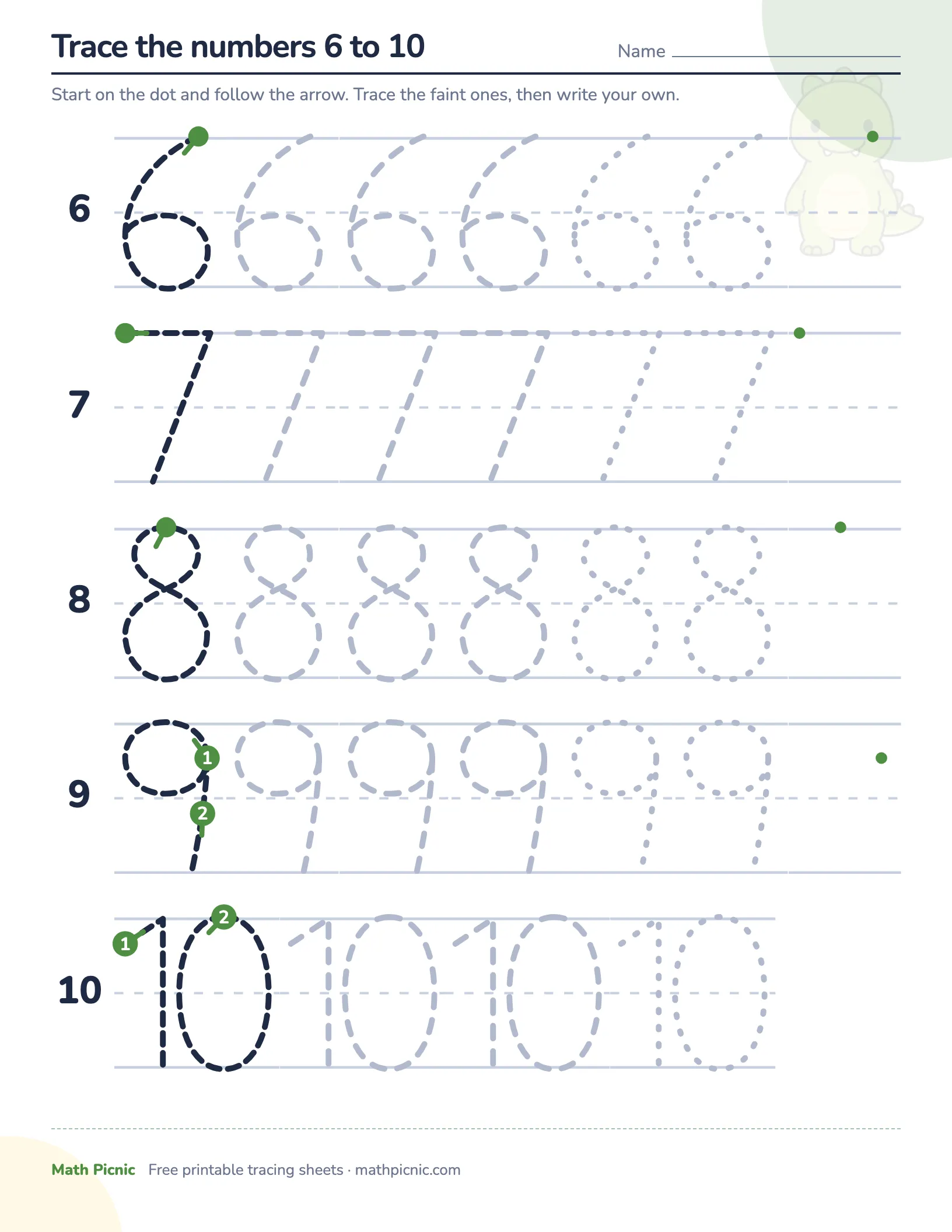 Tracing numbers 6 to 10 — free printable tracing sheet