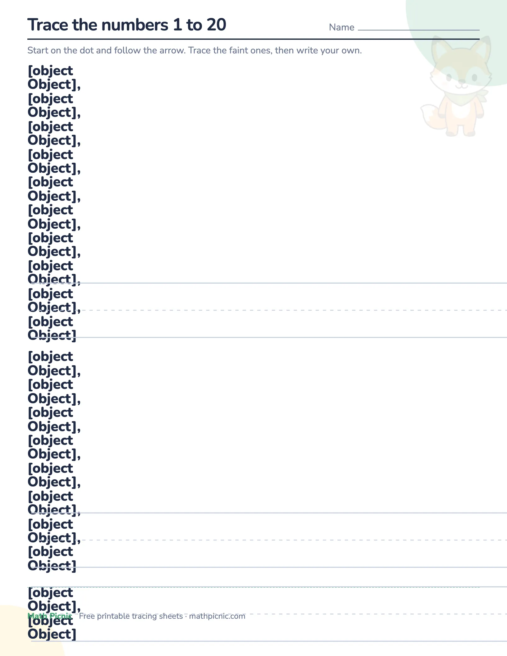 Numbers 1 to 20 on one page — free printable tracing sheet