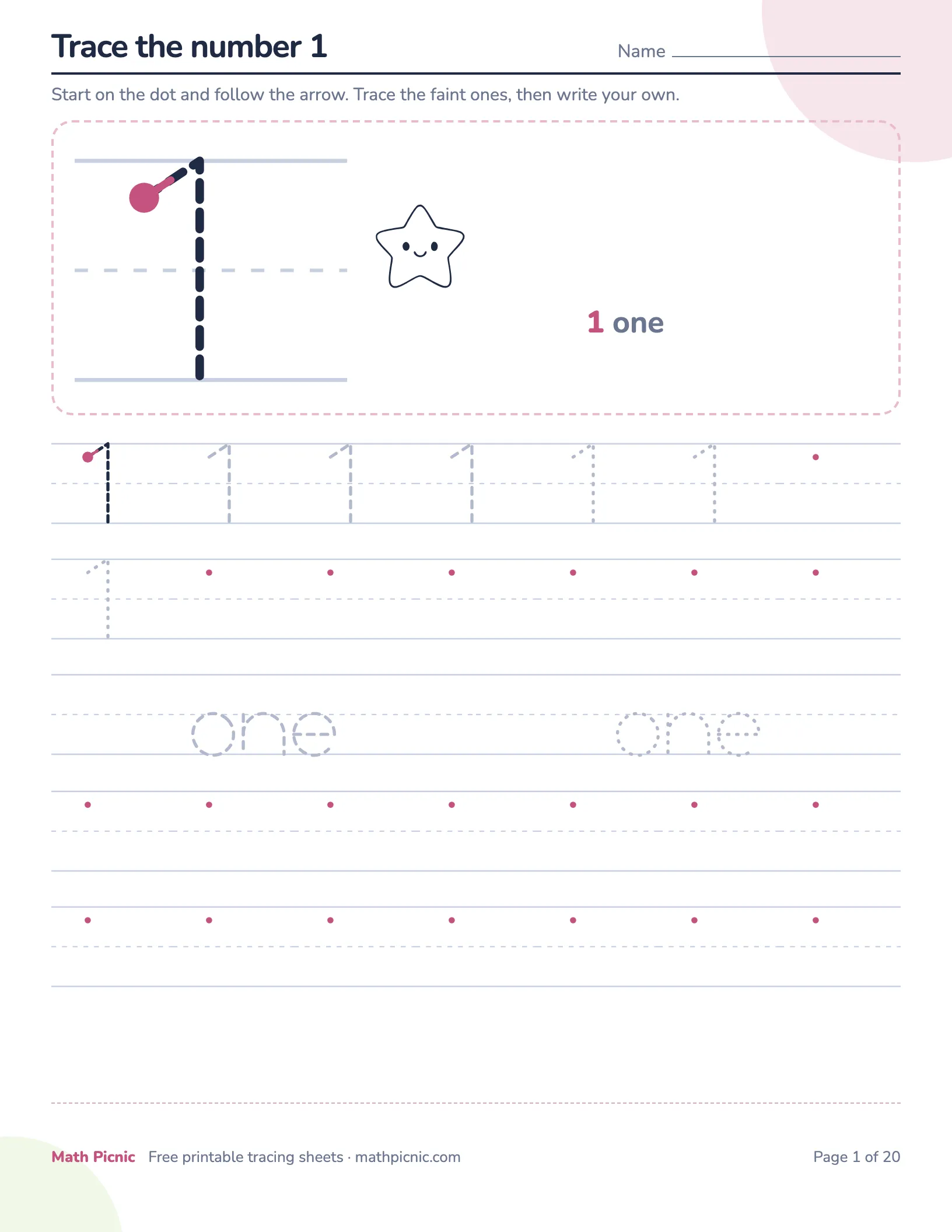 Number tracing with pictures — free printable tracing sheet