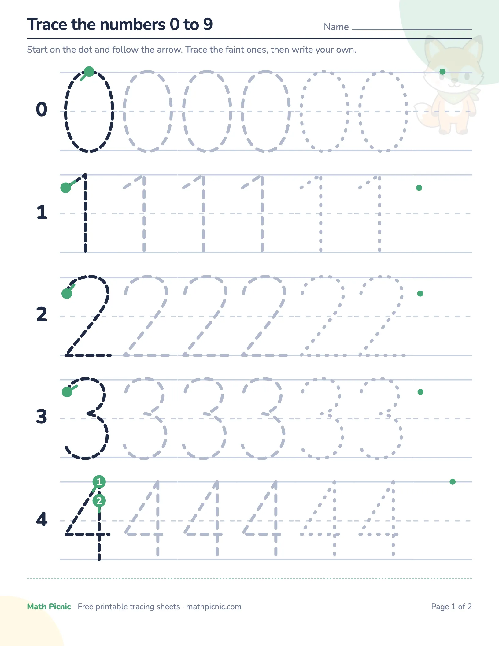 Number tracing — free printable tracing sheet
