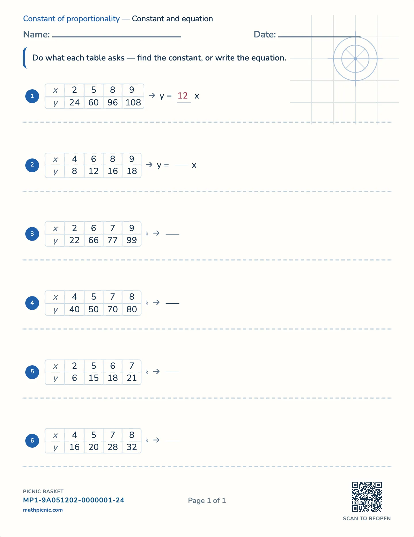 Constant of proportionality worksheet — Whole constant, y = kx, free printable with answer key