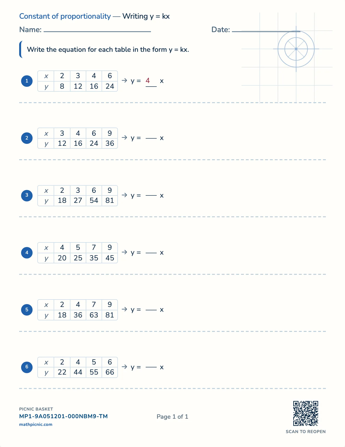 Writing y = kx worksheet — Whole constant, y = kx, free printable with answer key