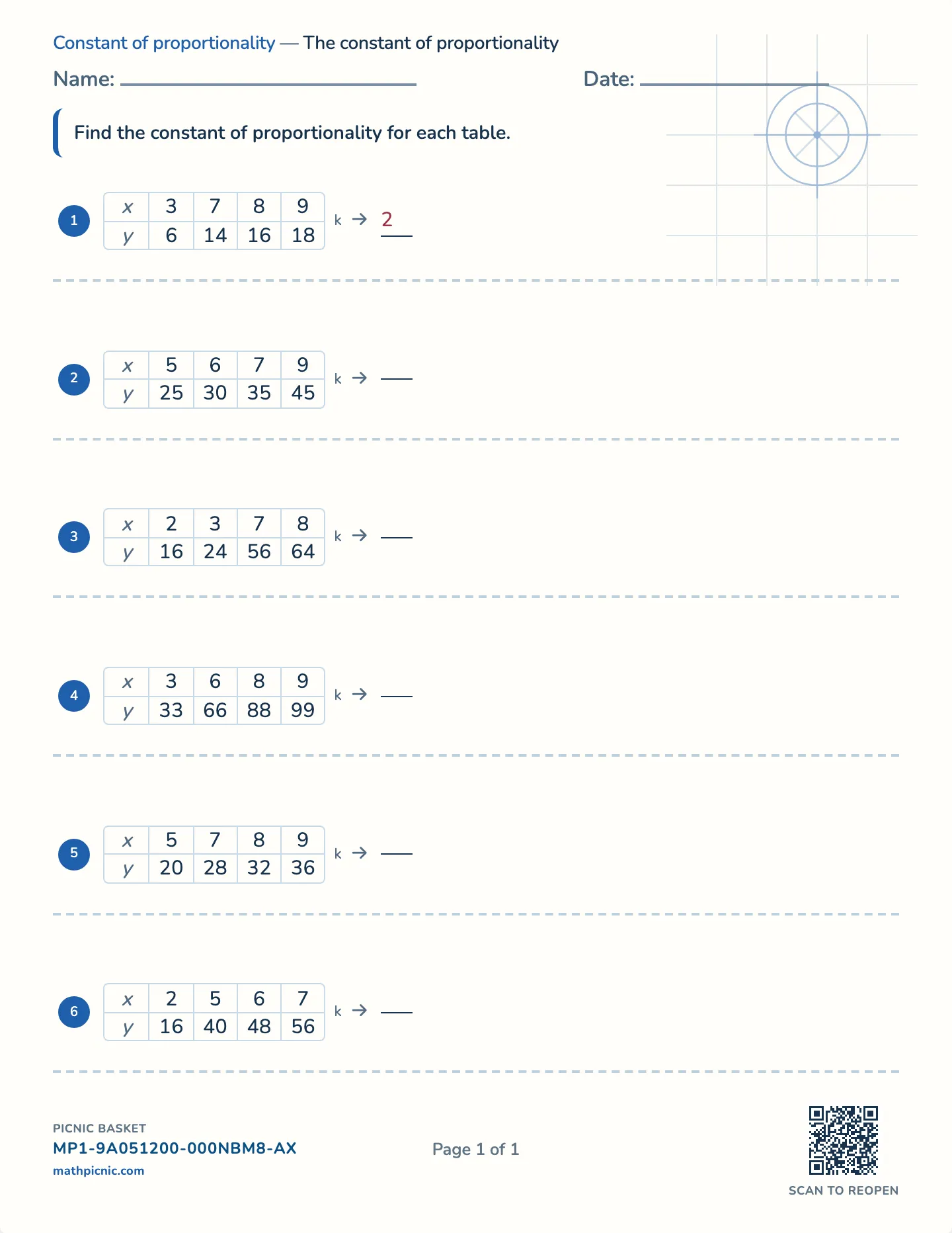 Finding k from a table worksheet — Whole constant, read from a table, free printable with answer key