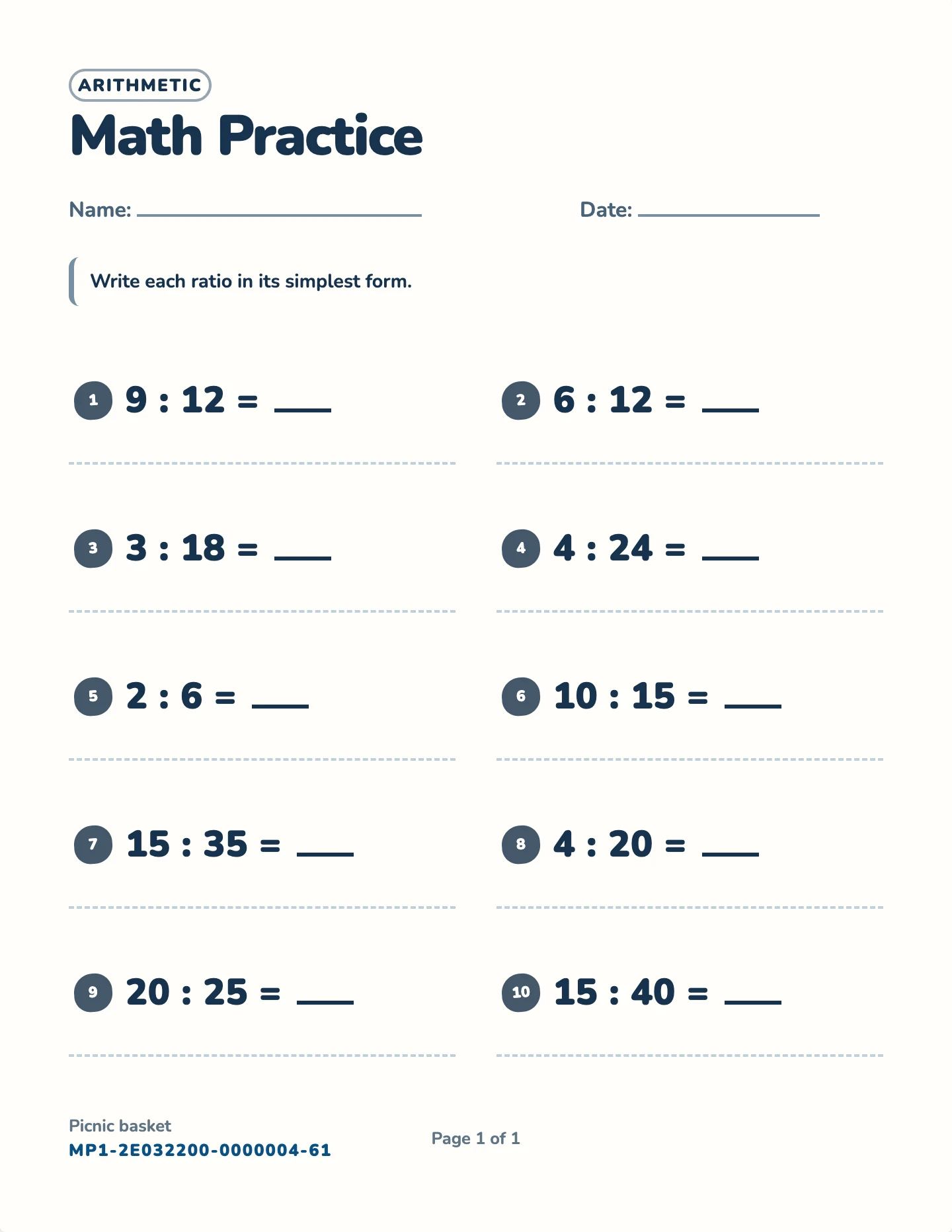 Ratios and proportions worksheet — Simplify, proportions, unit rate, free printable with answer key