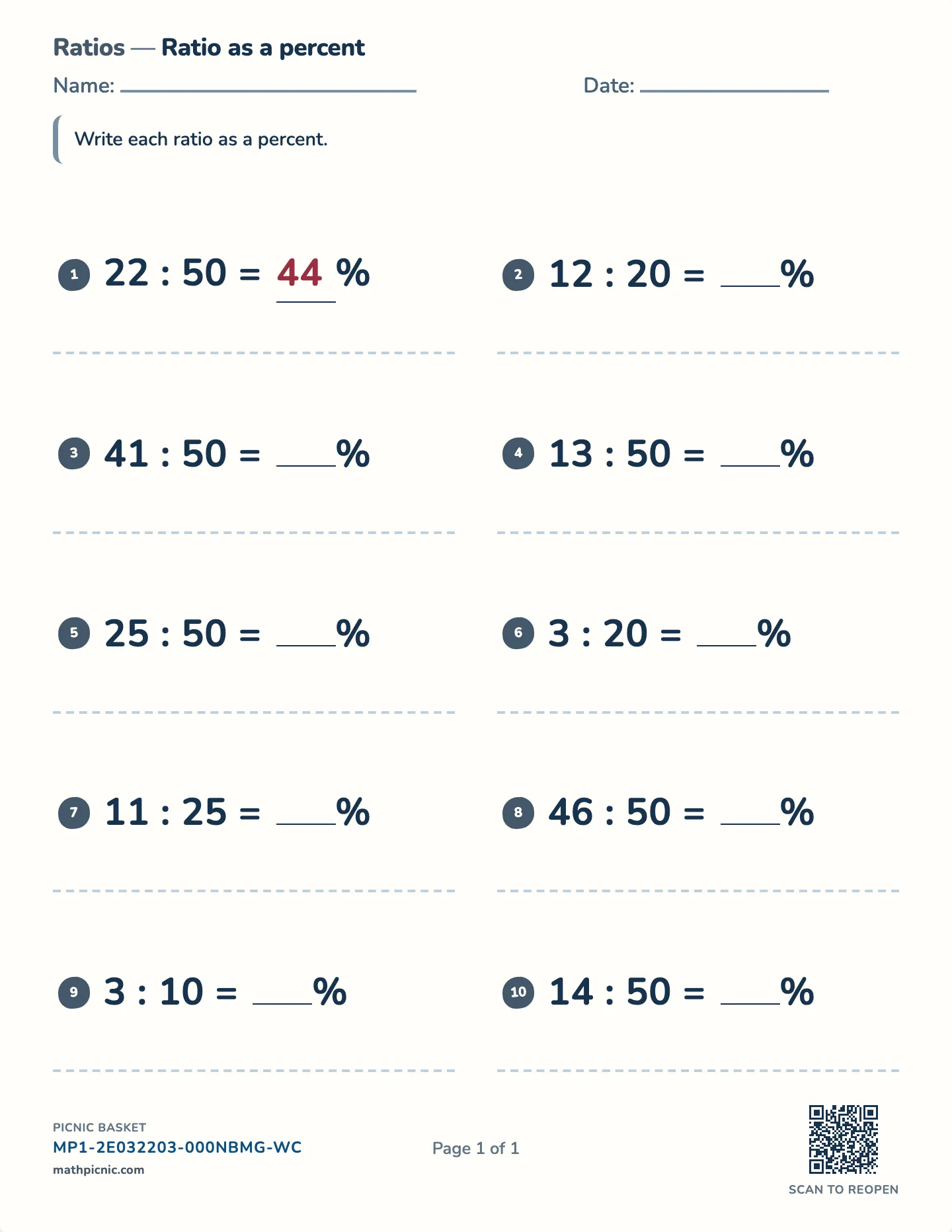 Writing a ratio as a percent worksheet — Whole-percent answers, free printable with answer key