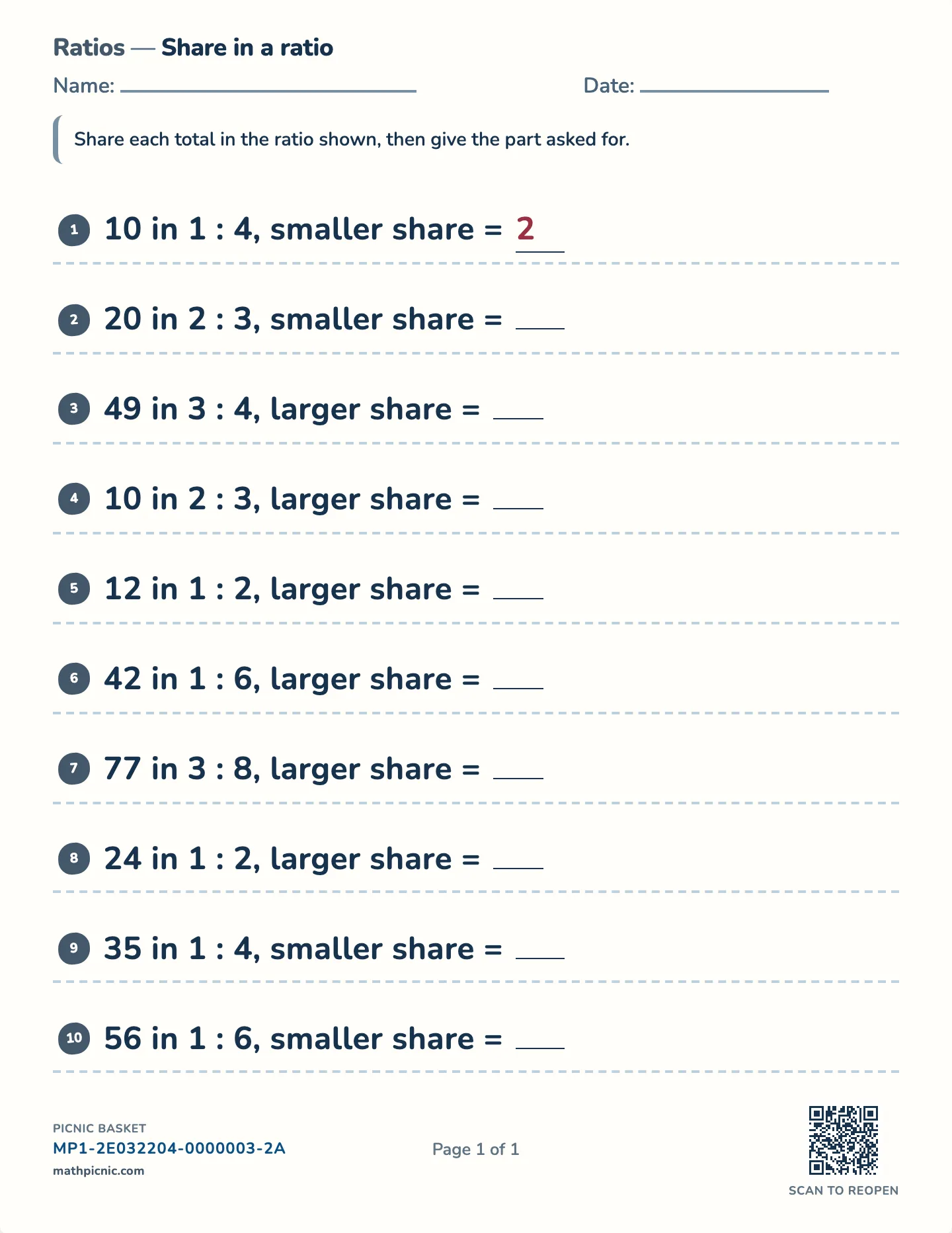 Sharing in a ratio worksheet — Whole shares from a total, free printable with answer key