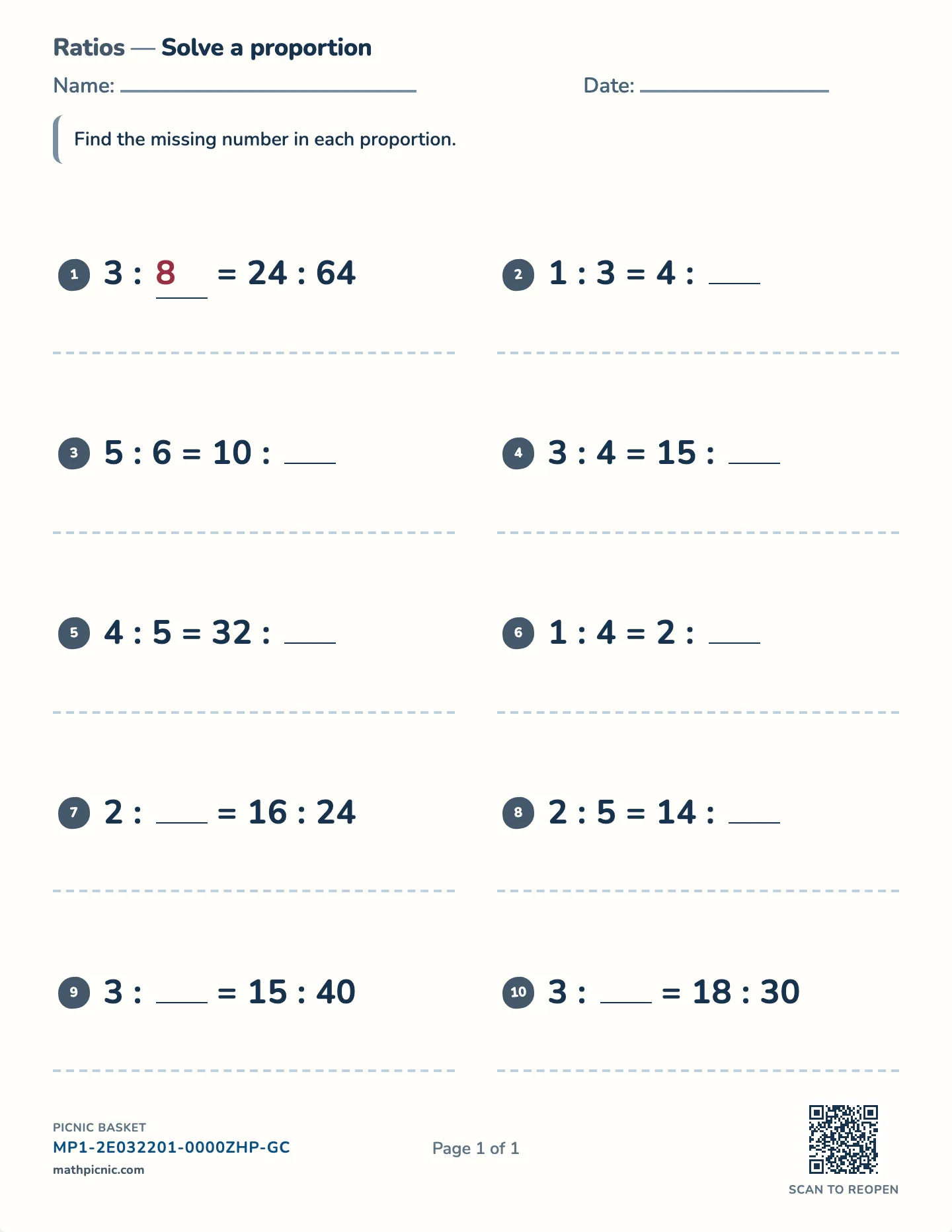 Solving proportions worksheet — Whole-number scale factors, free printable with answer key