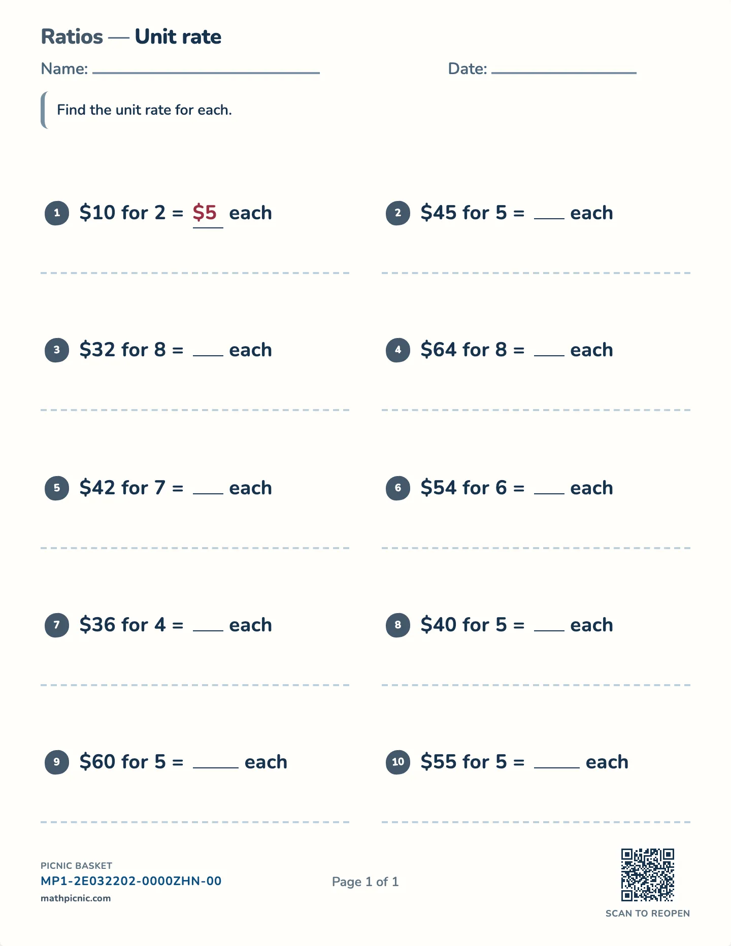 Unit rate worksheet — Exact per-one amounts, free printable with answer key