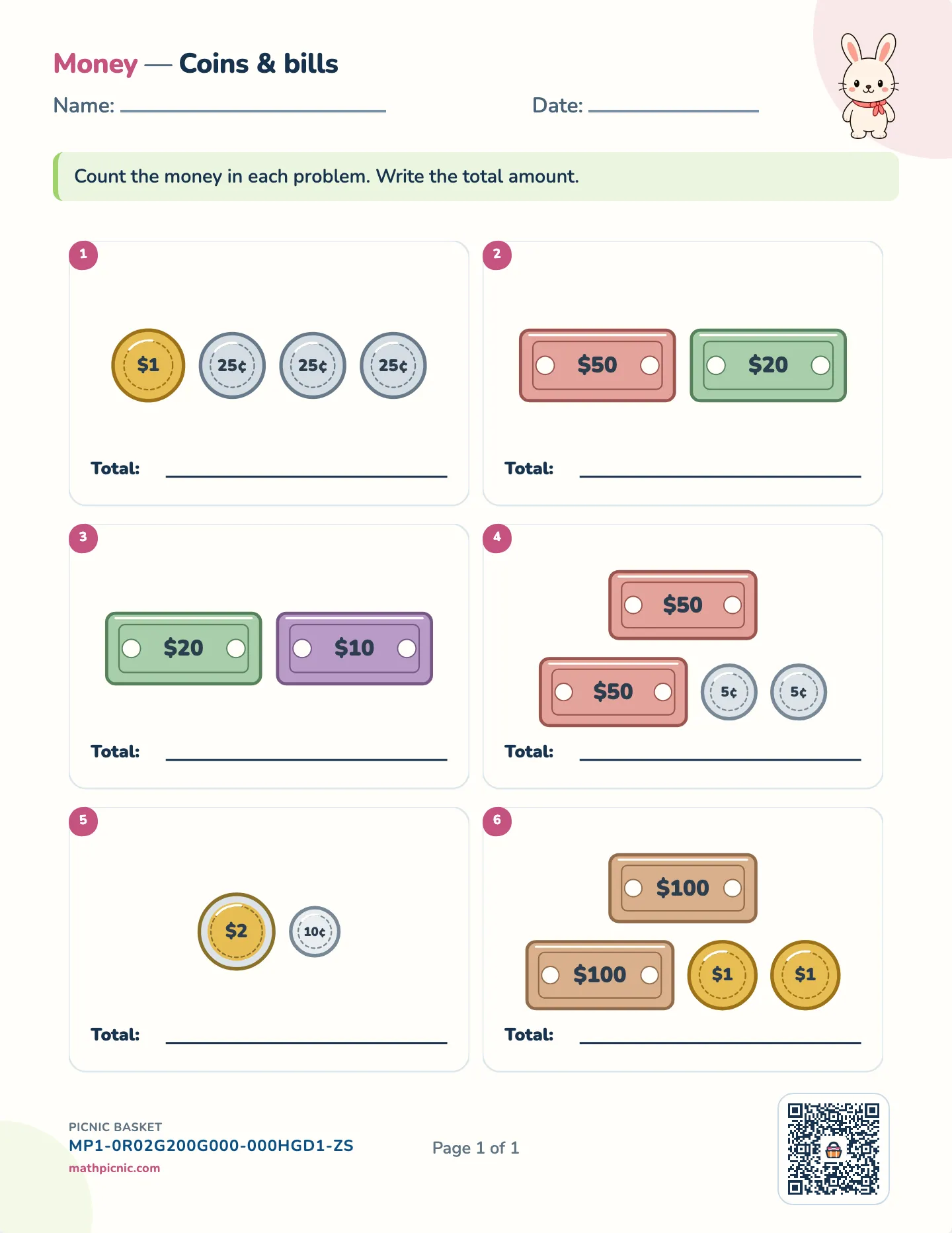 Count money worksheet — Coins & bills, free printable with answer key