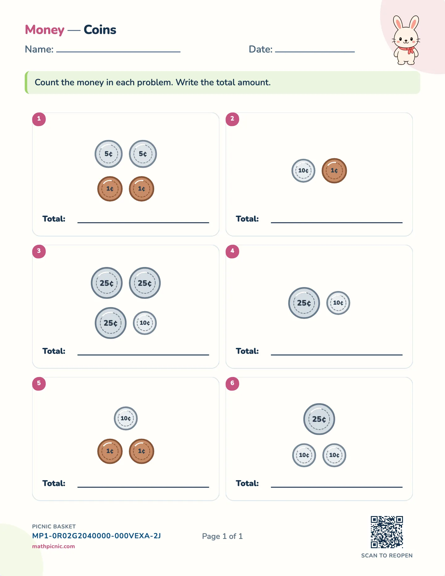 Counting coins worksheet — US coins, free printable with answer key