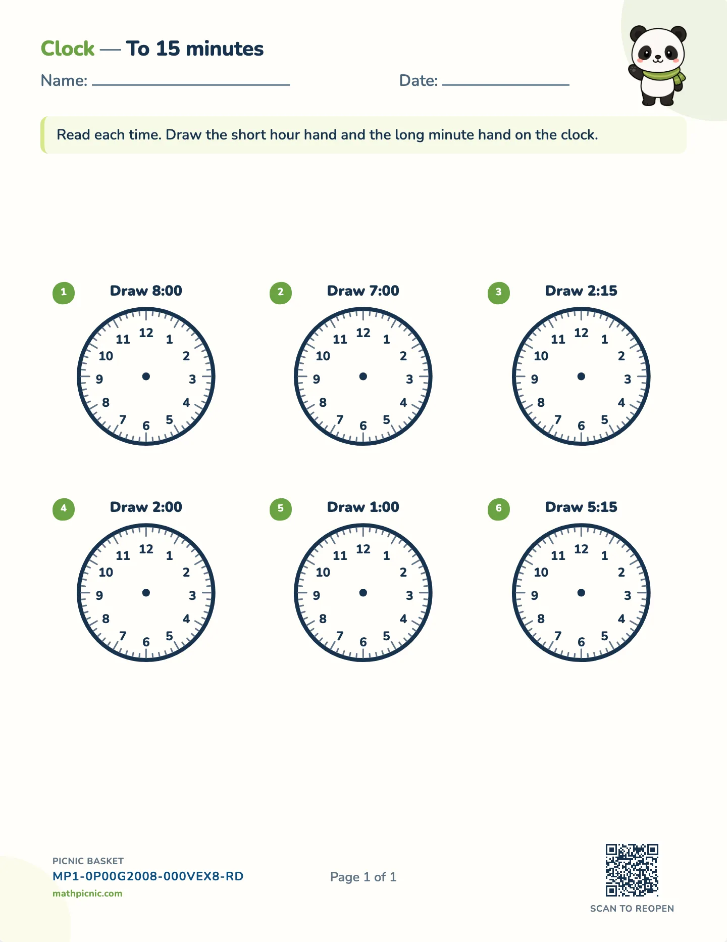 Draw the clock hands worksheet — Draw hands · quarter hour, free printable with answer key