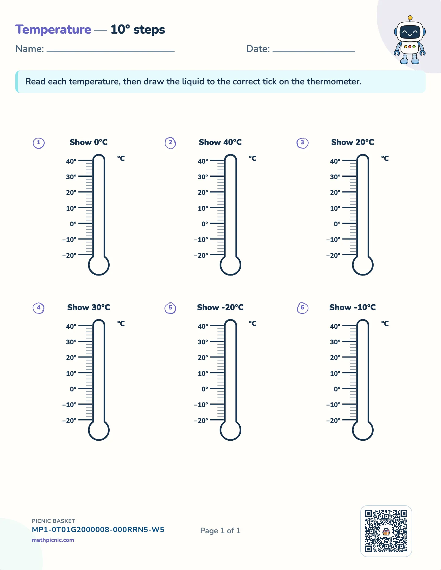 Draw on thermometers worksheet — Celsius · 10° steps, free printable with answer key