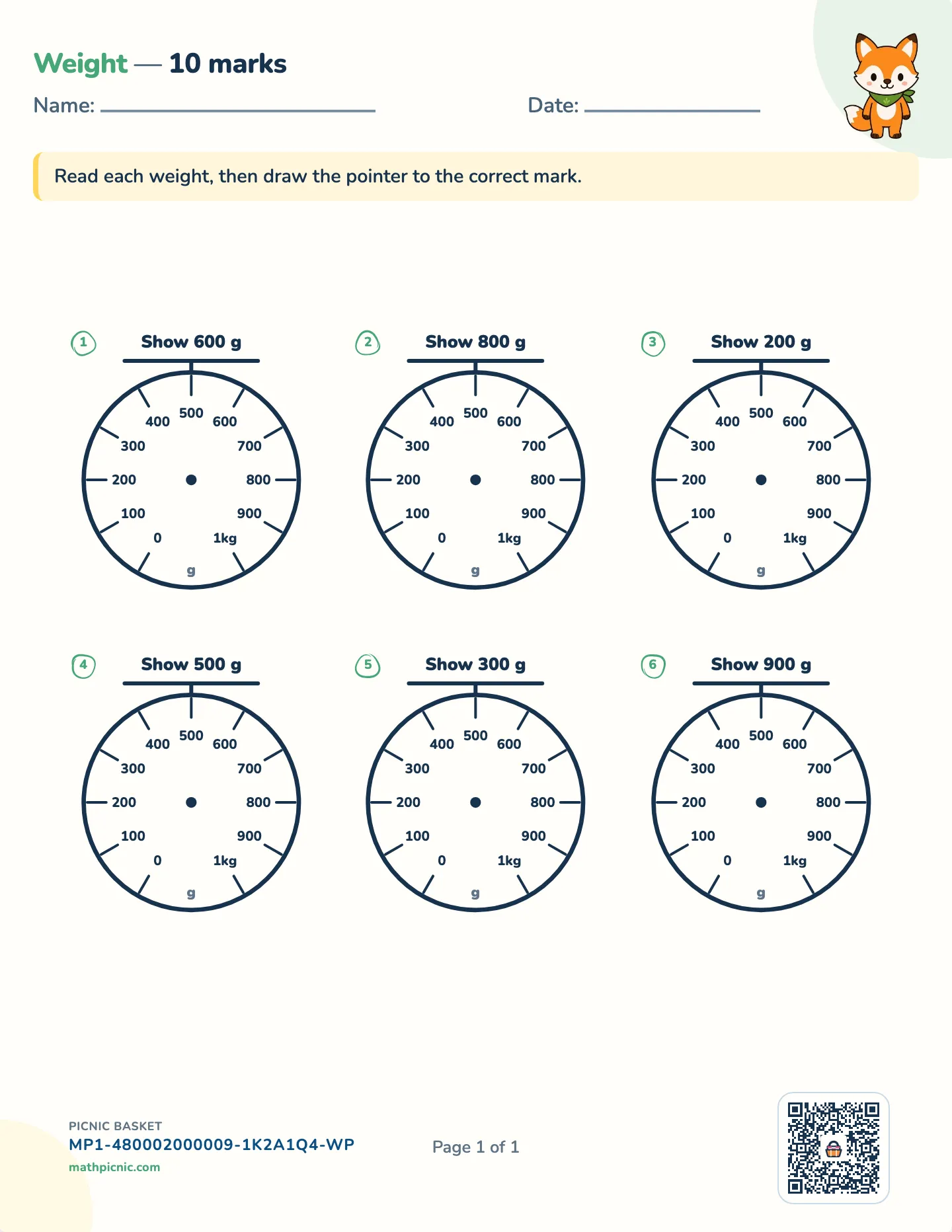 Draw scale pointers worksheet — 1 kg · 100 g marks, free printable with answer key