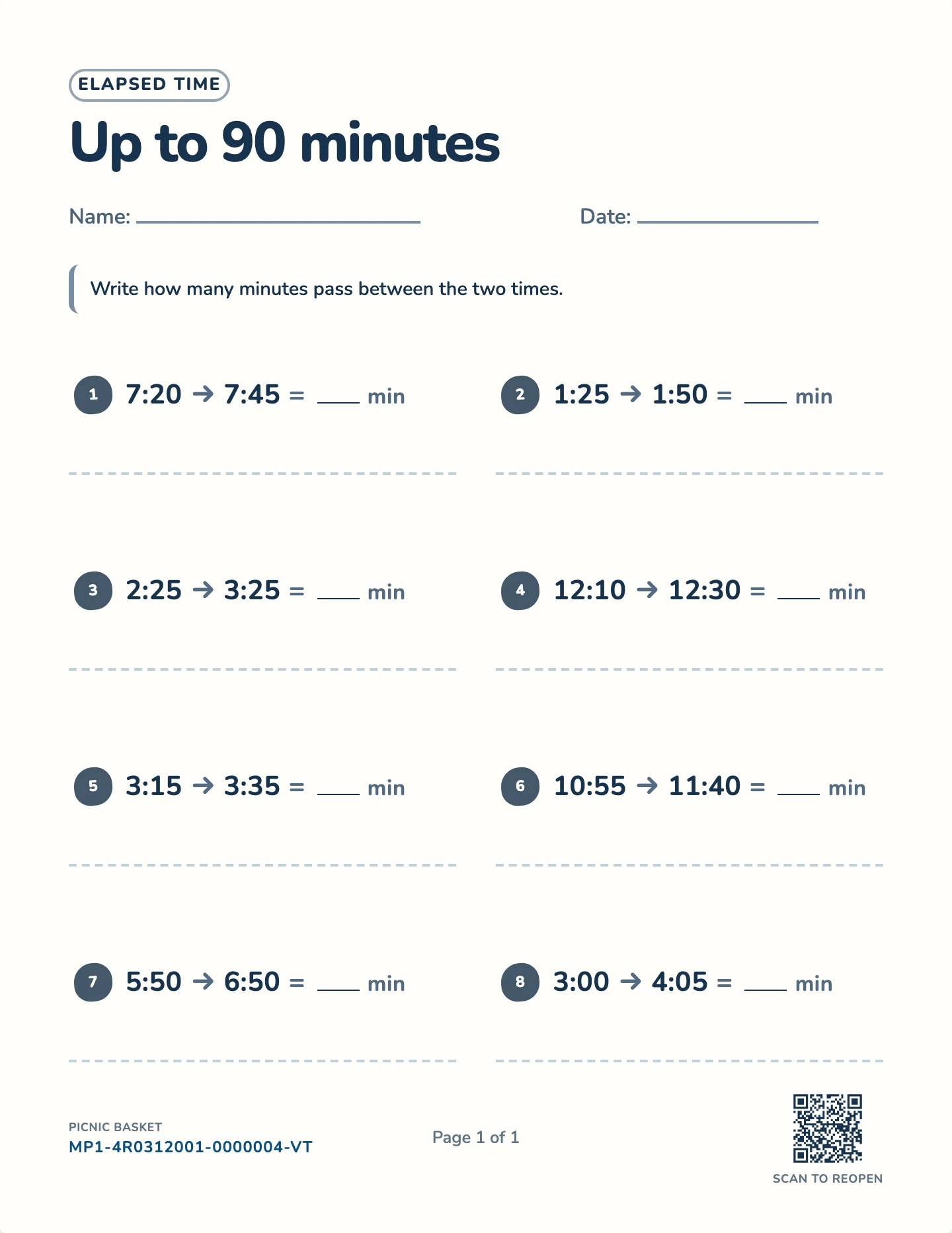 Elapsed time worksheet — Intervals to 60, 90, or 120 minutes, free printable with answer key