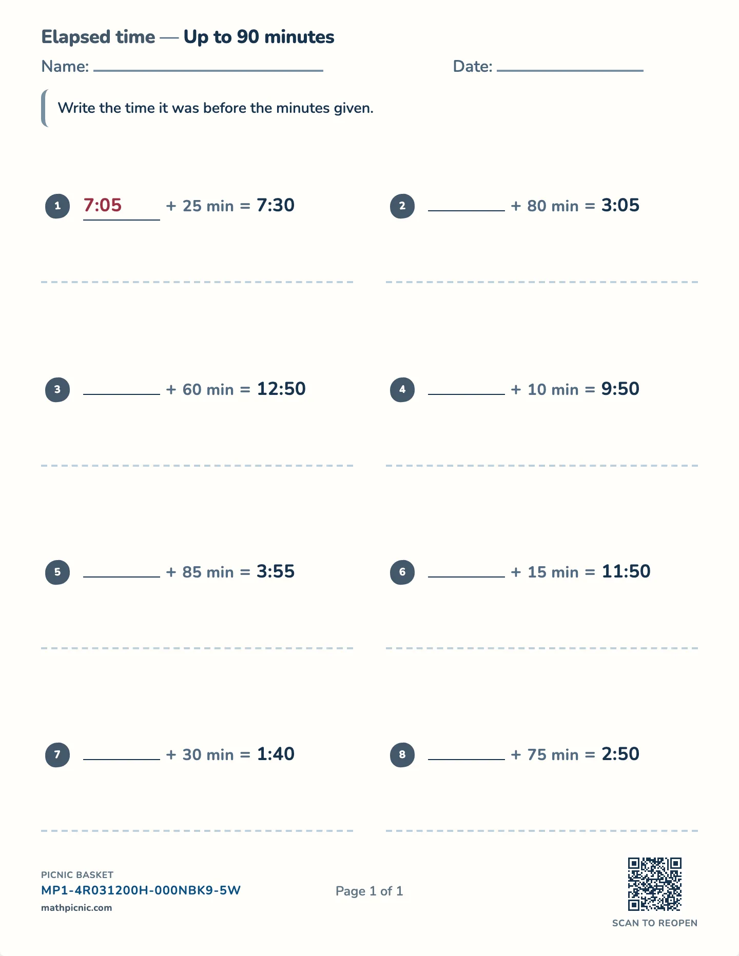 Finding the start time worksheet — Finish − interval → start time, free printable with answer key