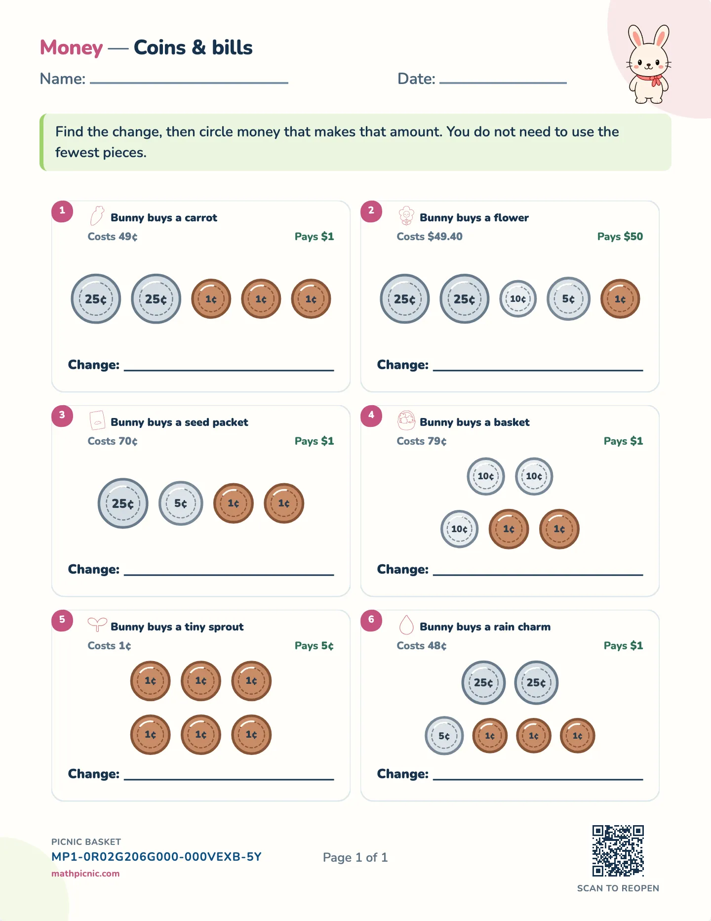 Making change worksheet — Change from a payment, free printable with answer key