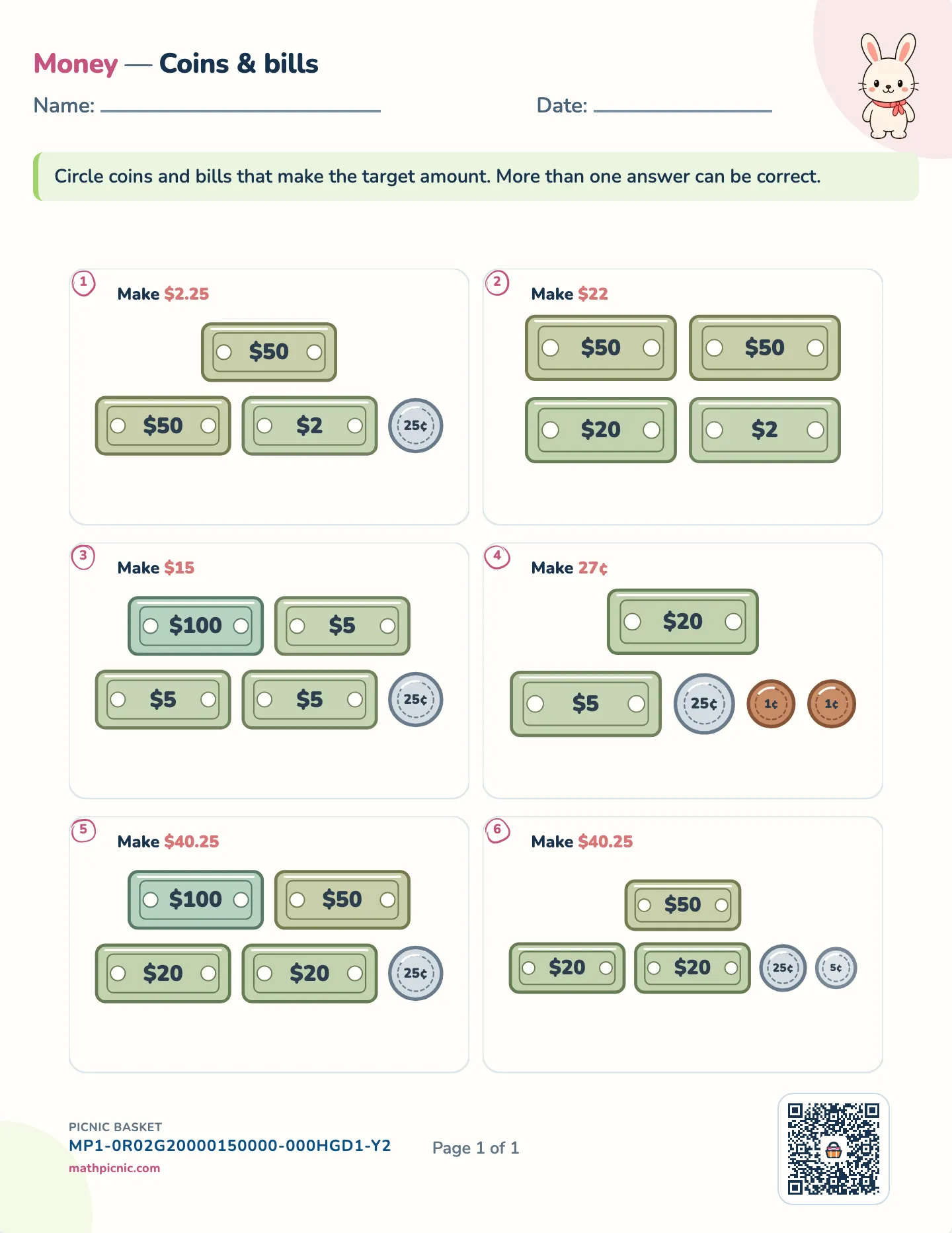 Make an amount of money worksheet — US coins & bills, free printable with answer key