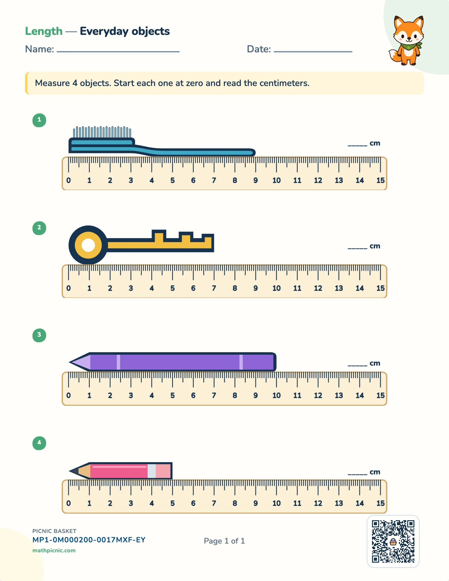 Measure objects in centimeters worksheet — free printable with answer key
