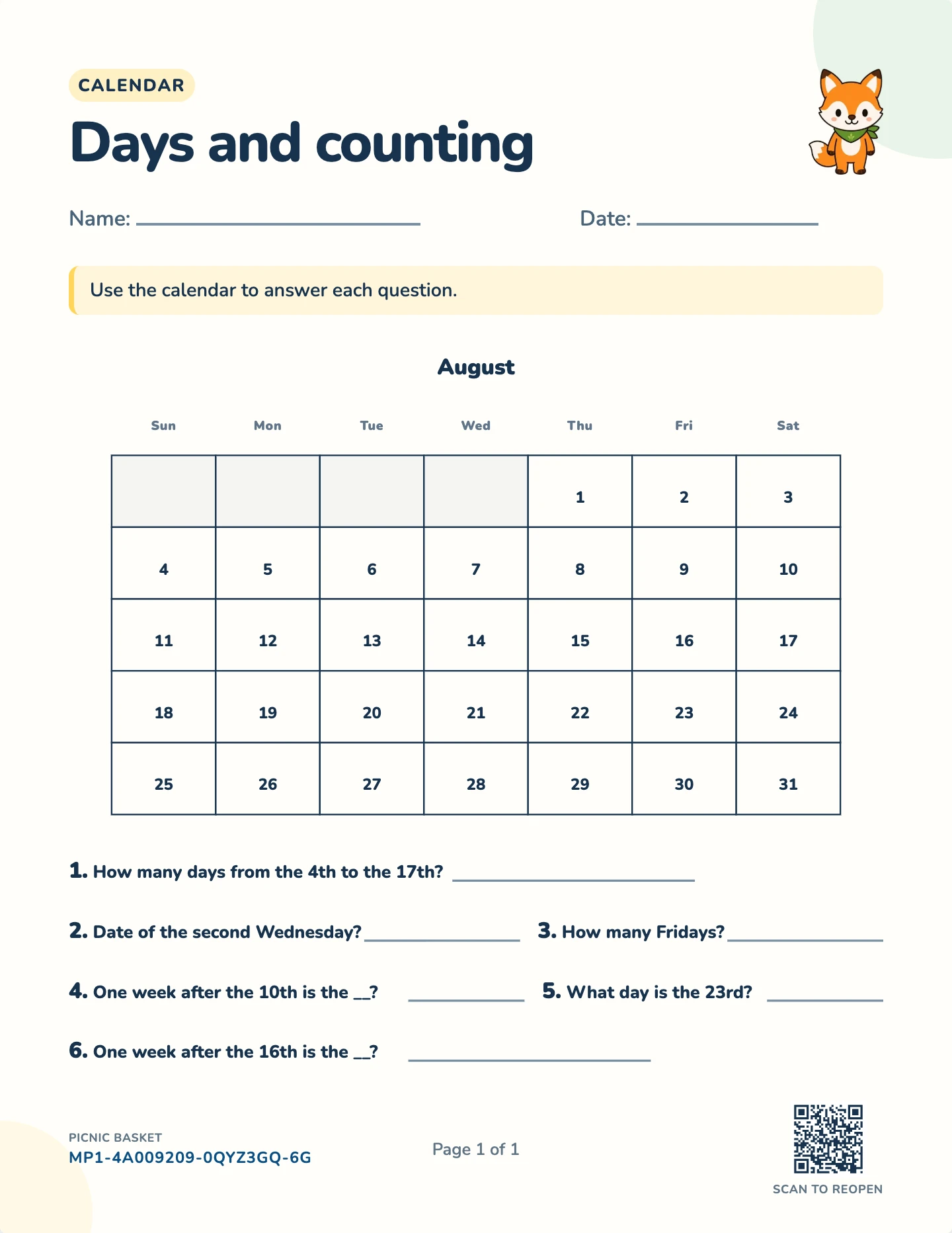 Read a calendar worksheet — One month · 6 questions, free printable with answer key