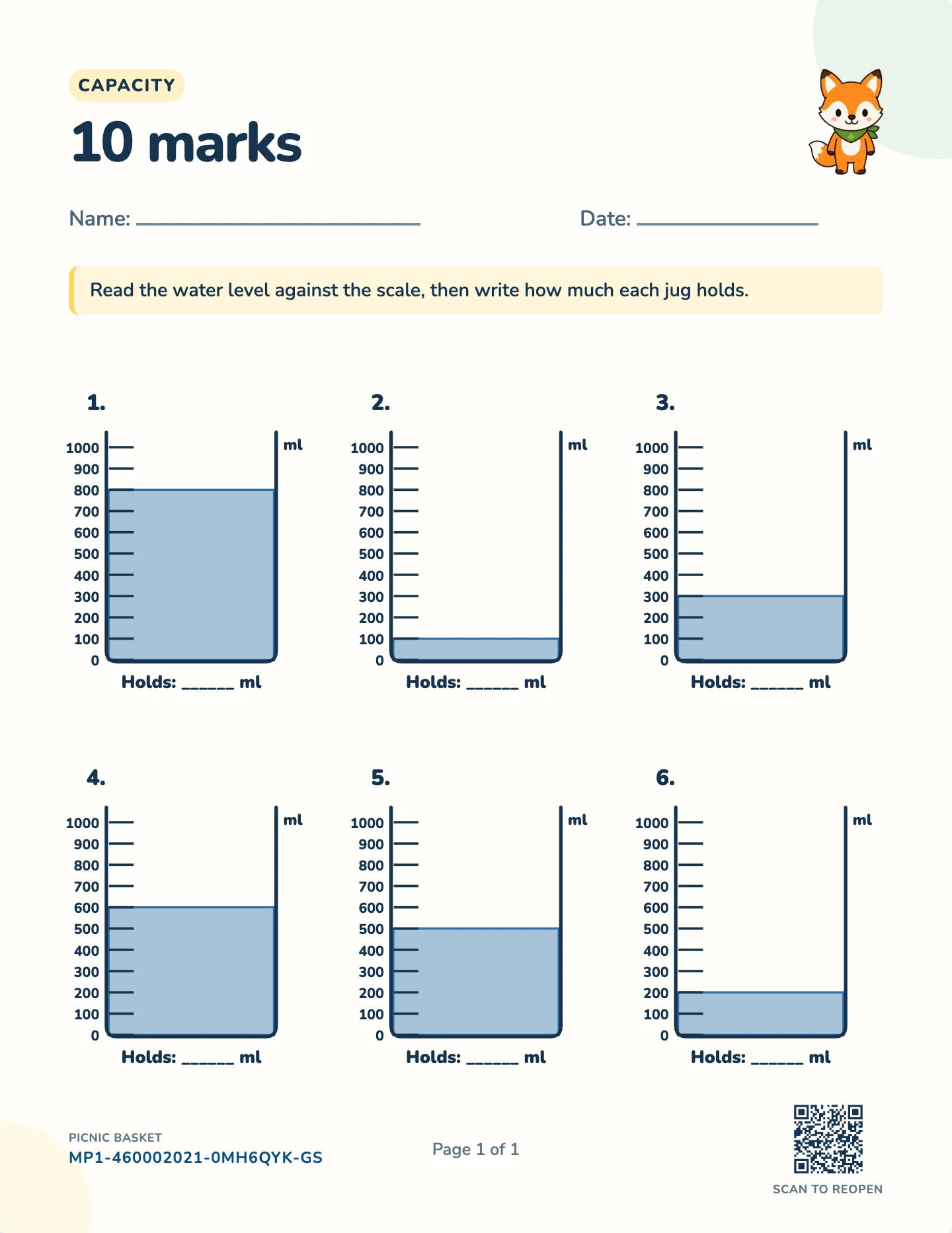 Read beakers worksheet — 1 liter · 100 ml marks, free printable with answer key